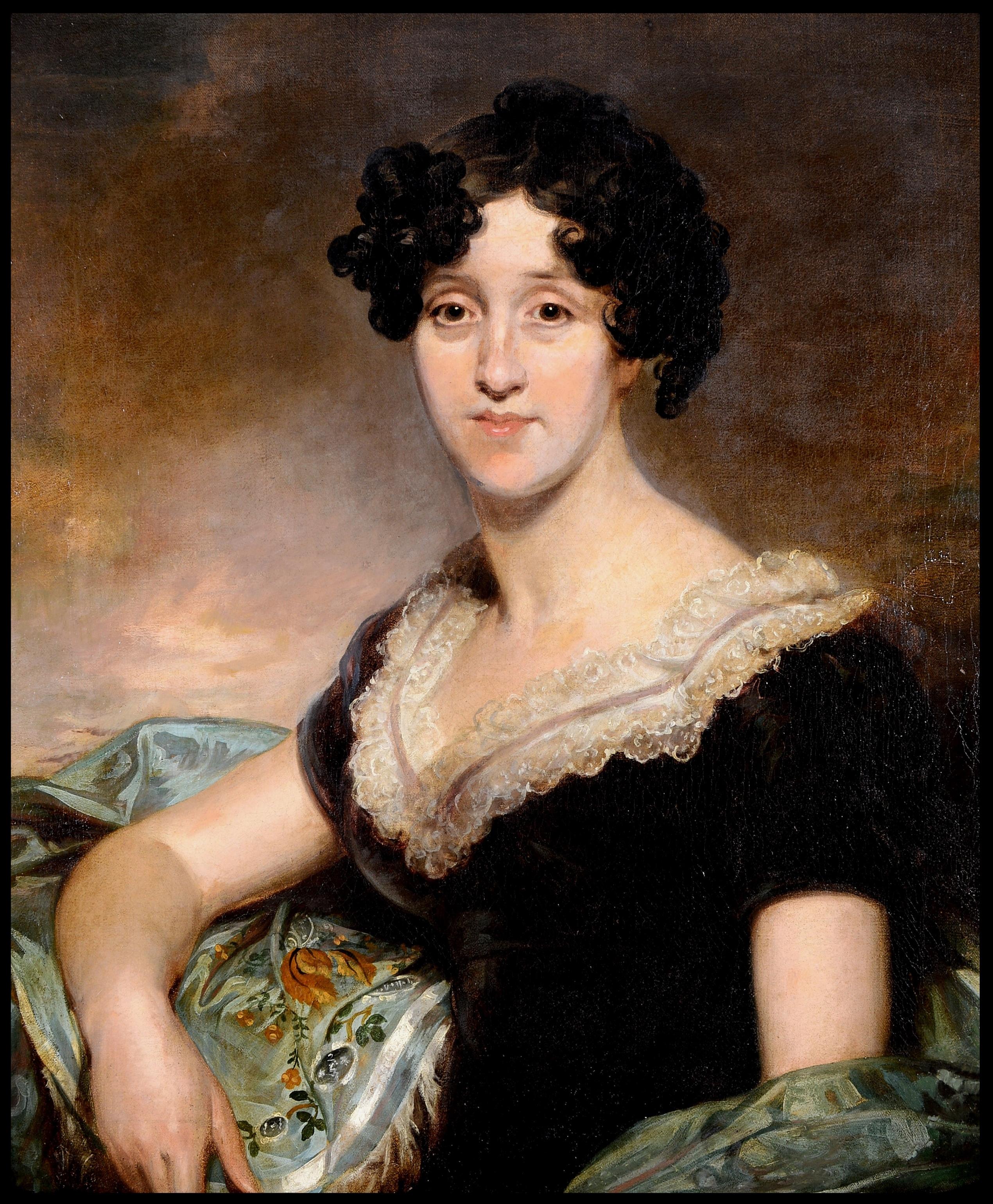 Portrait of a Lady - Large Antique English Georgian Early 19th Century Painting - Black Portrait Painting by Early 19th Century English School