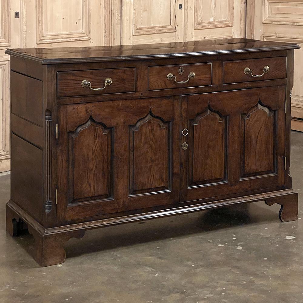 Early 19th Century English Sideboard ~ Credenza exhibits an English Colonial style, and is a perfect size as a companion piece in any room!  Crafted from solid planks of old-growth oak, even on the back side, it was designed to serve for centuries. 