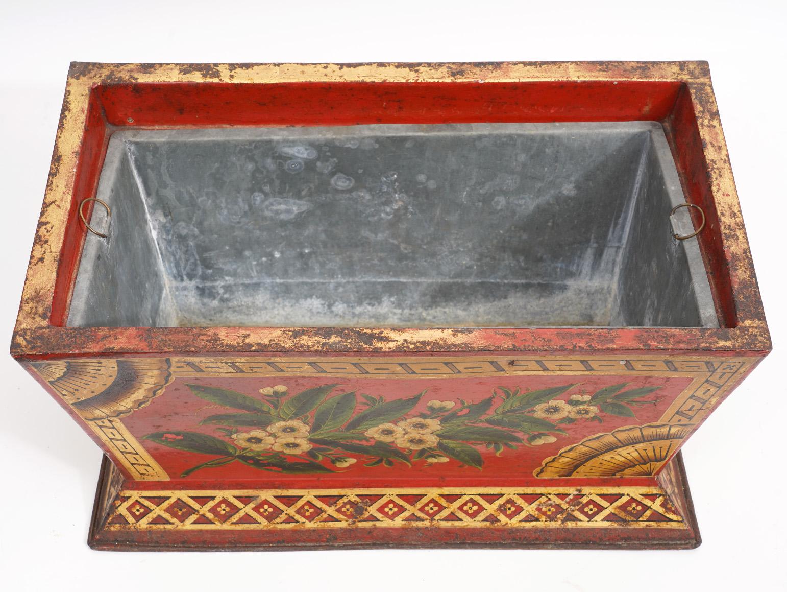Early 19th Century English Tole Jardinière Painted with Flowers on Red Ground 2