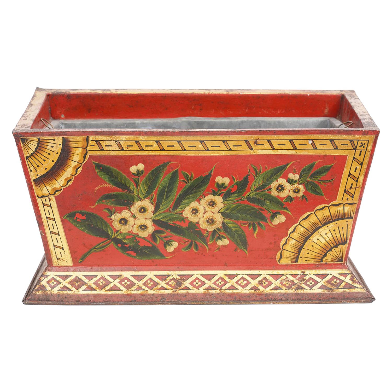 Early 19th Century English Tole Jardinière Painted with Flowers on Red Ground