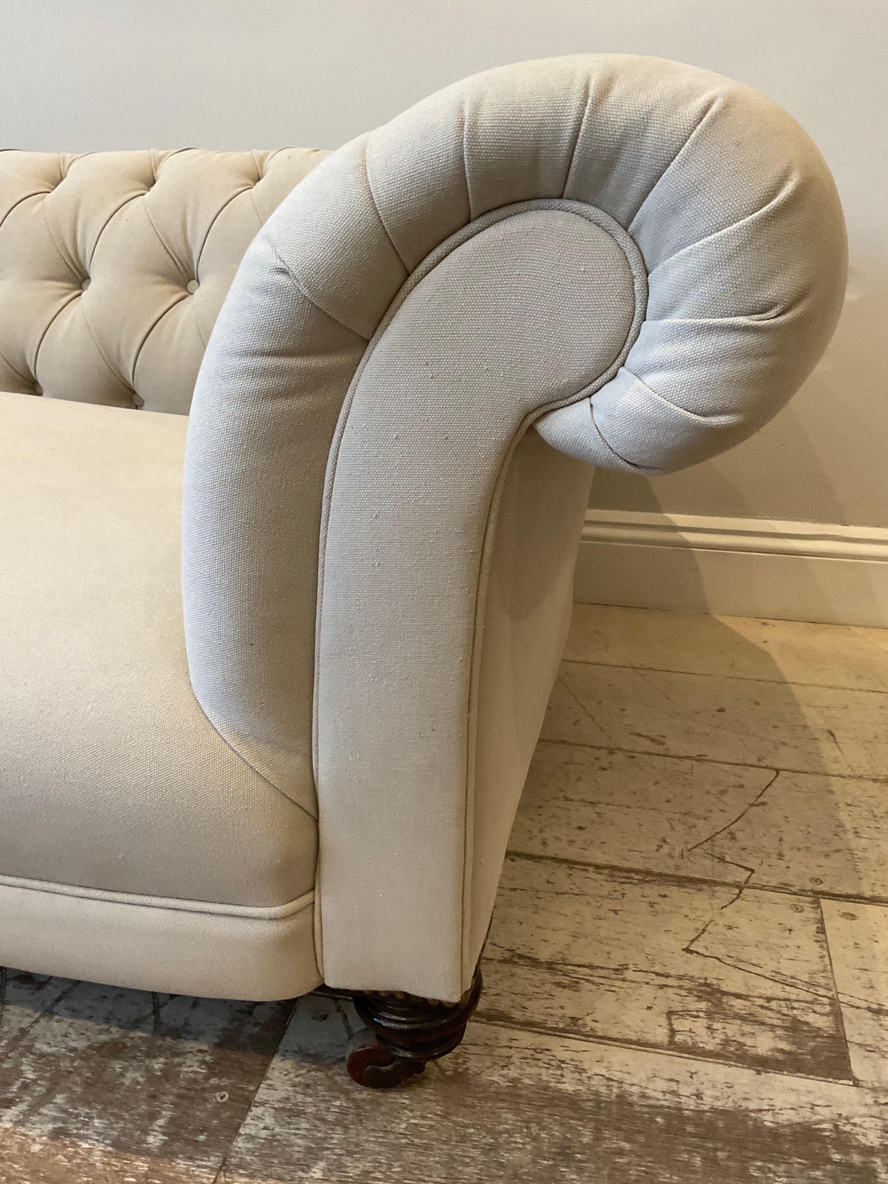 Early 19th Century English Upholstered Button Back Scrolled Arm Chesterfield 3