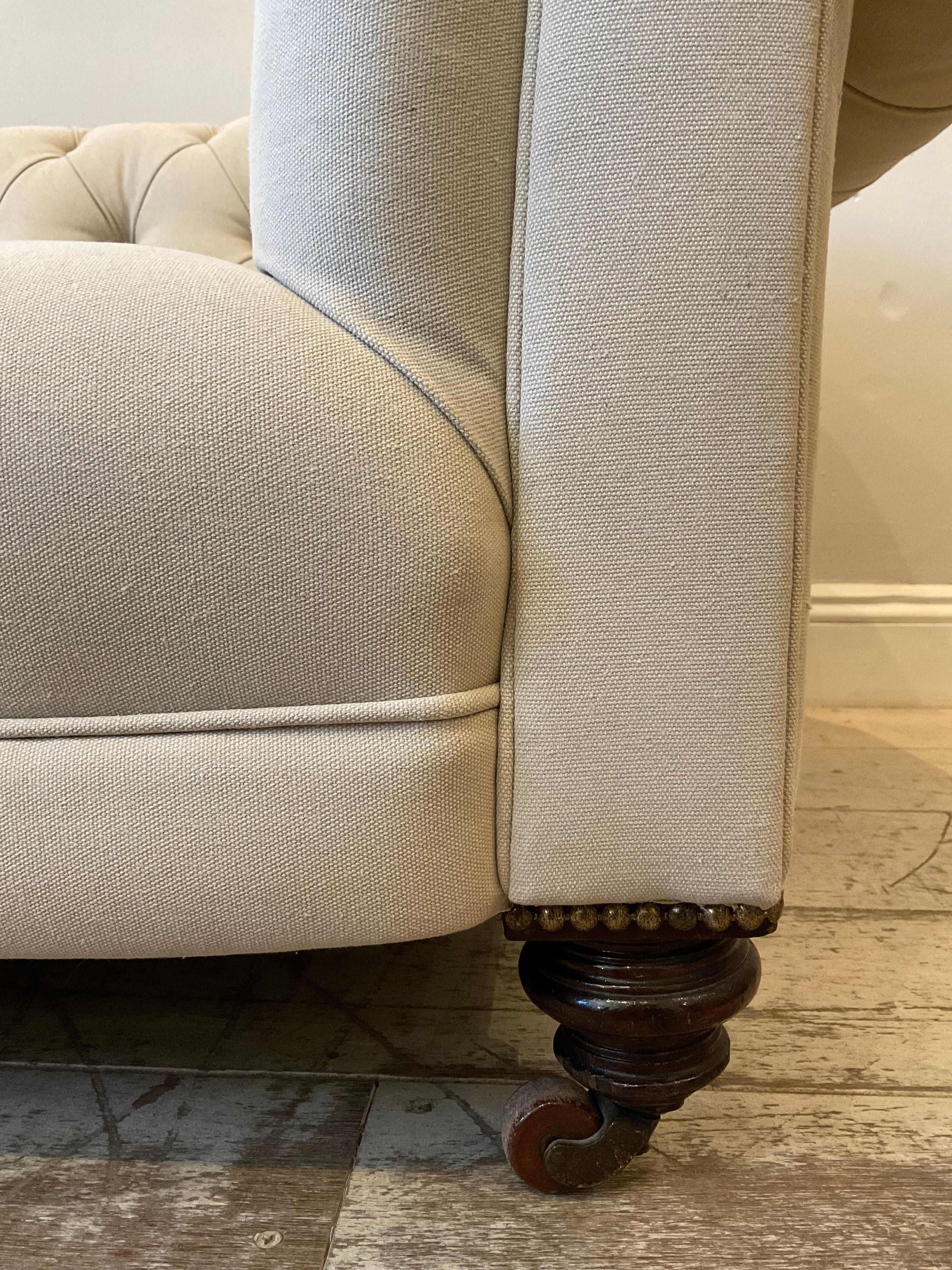 Early 19th Century English Upholstered Button Back Scrolled Arm Chesterfield 4