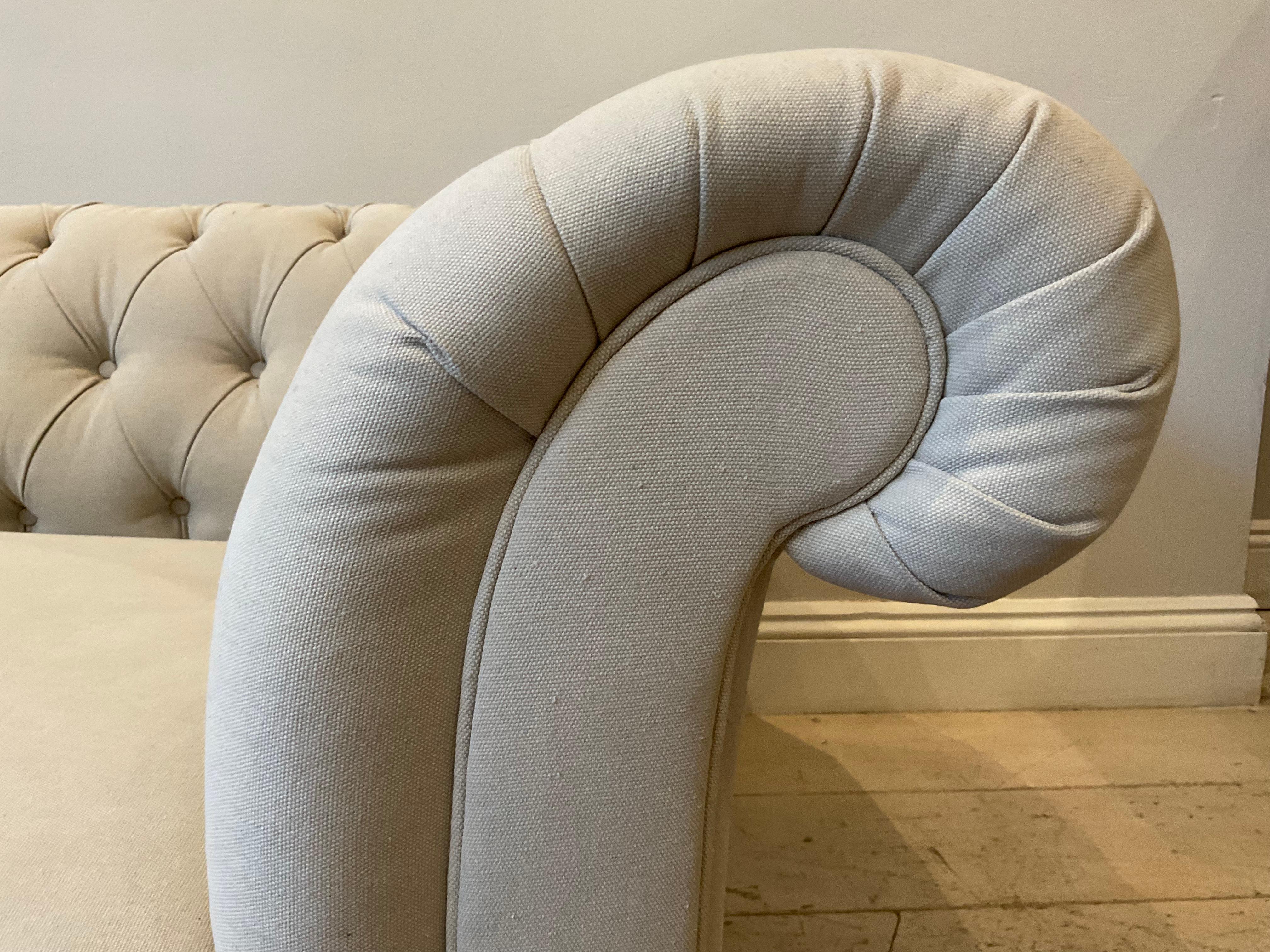 Early 19th Century English Upholstered Button Back Scrolled Arm Chesterfield 5