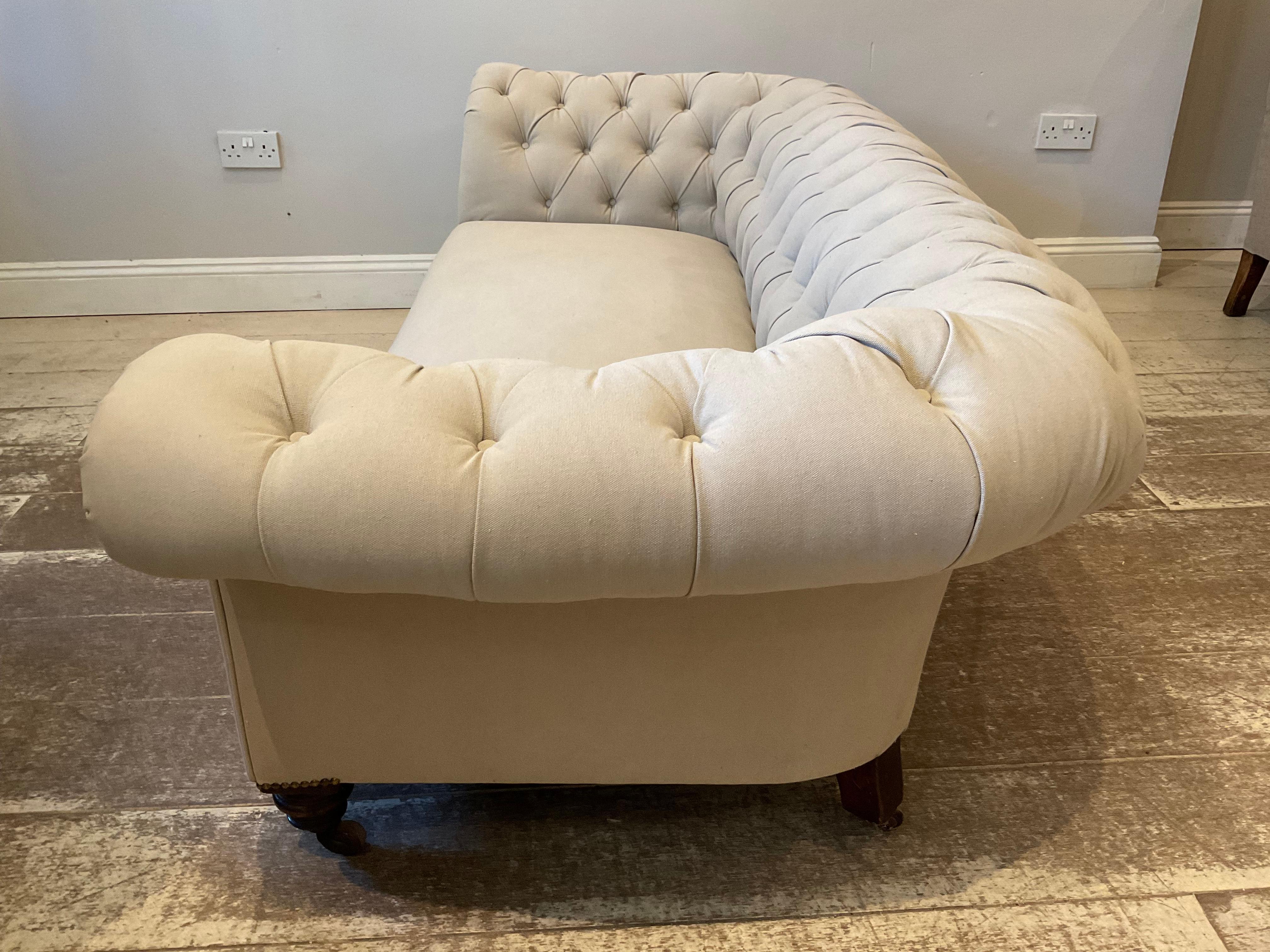 Early 19th Century English Upholstered Button Back Scrolled Arm Chesterfield 6