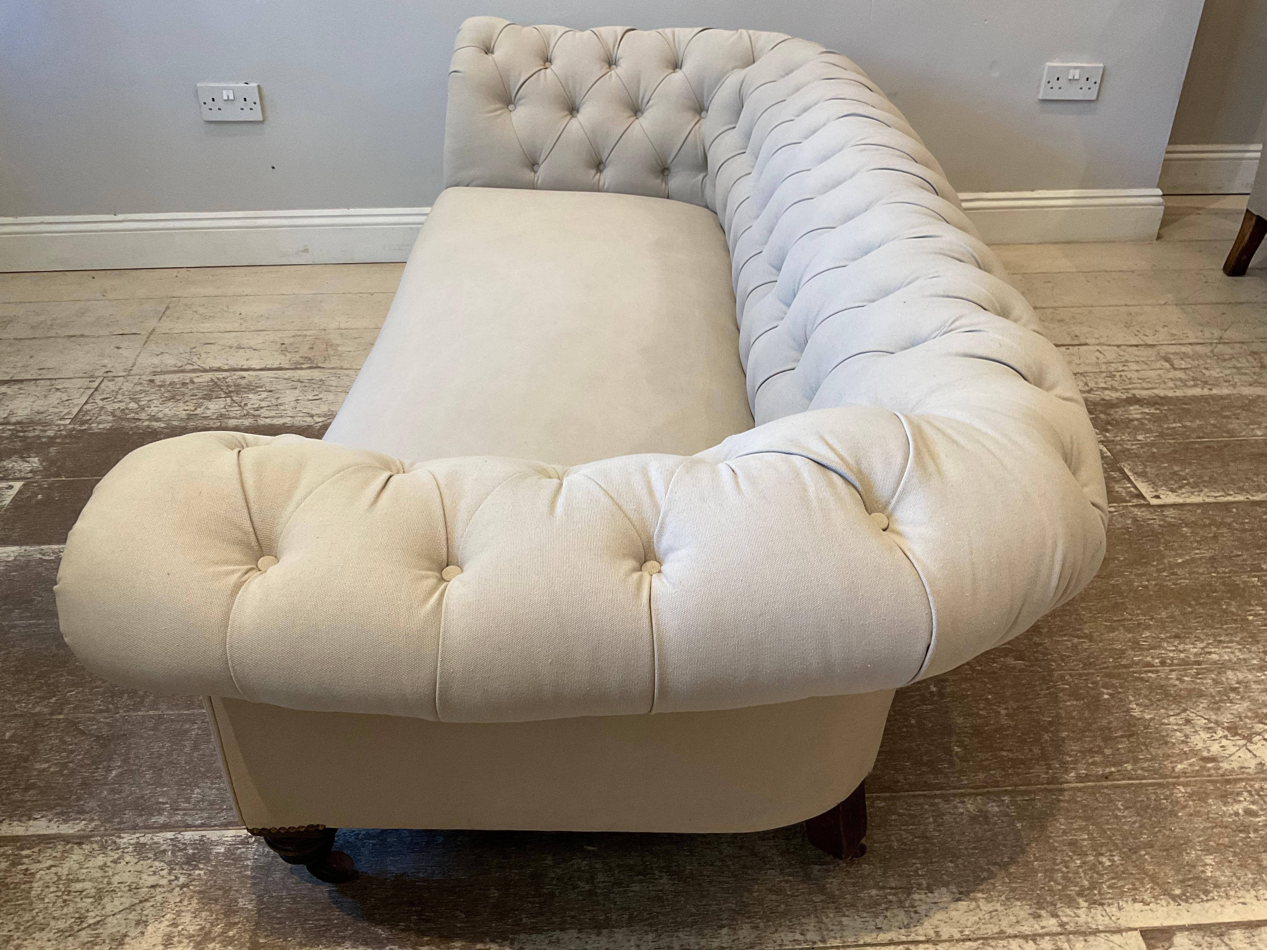 Early 19th Century English Upholstered Button Back Scrolled Arm Chesterfield 7