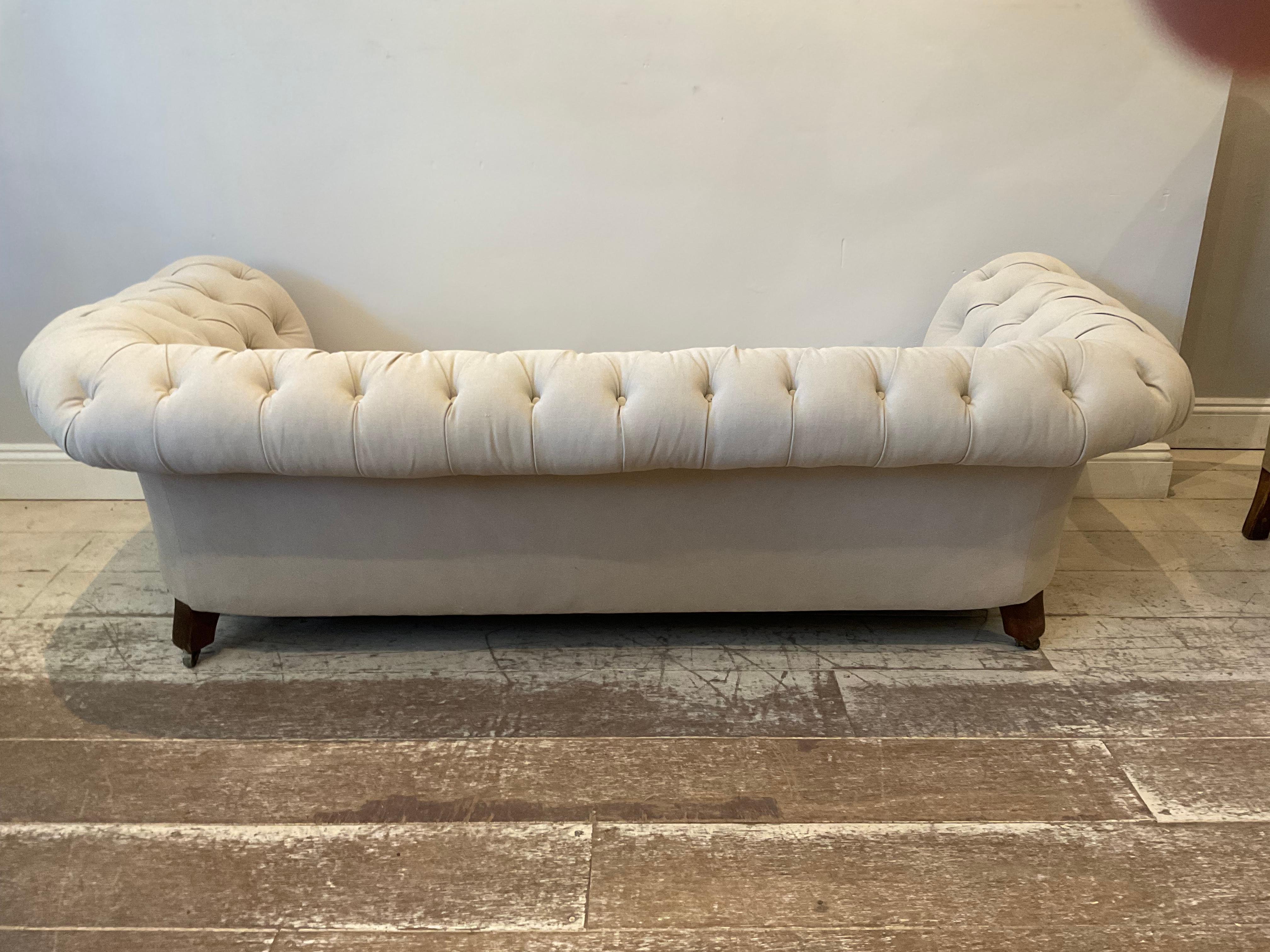 Early 19th Century English Upholstered Button Back Scrolled Arm Chesterfield 8