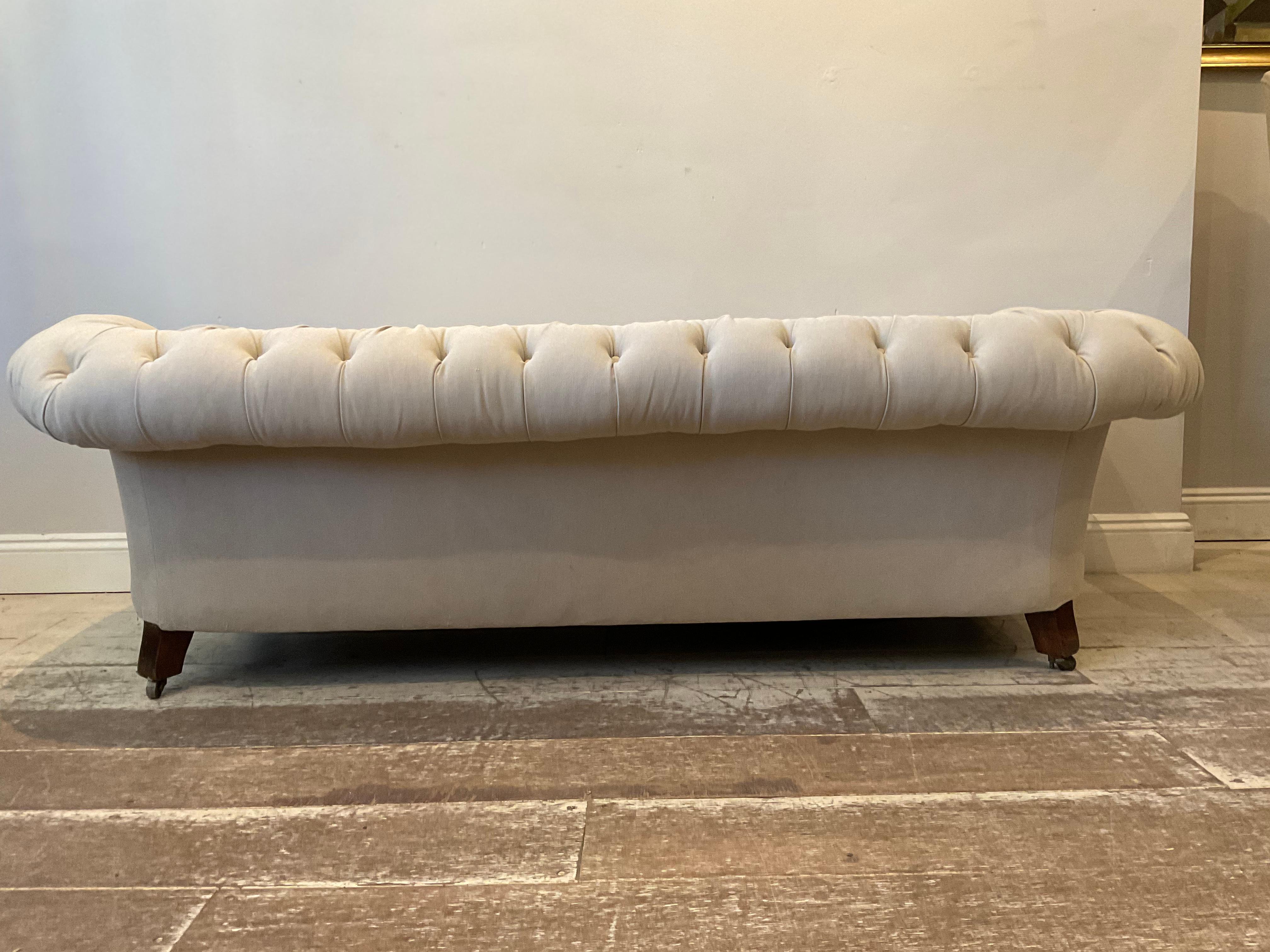 Early 19th Century English Upholstered Button Back Scrolled Arm Chesterfield 9