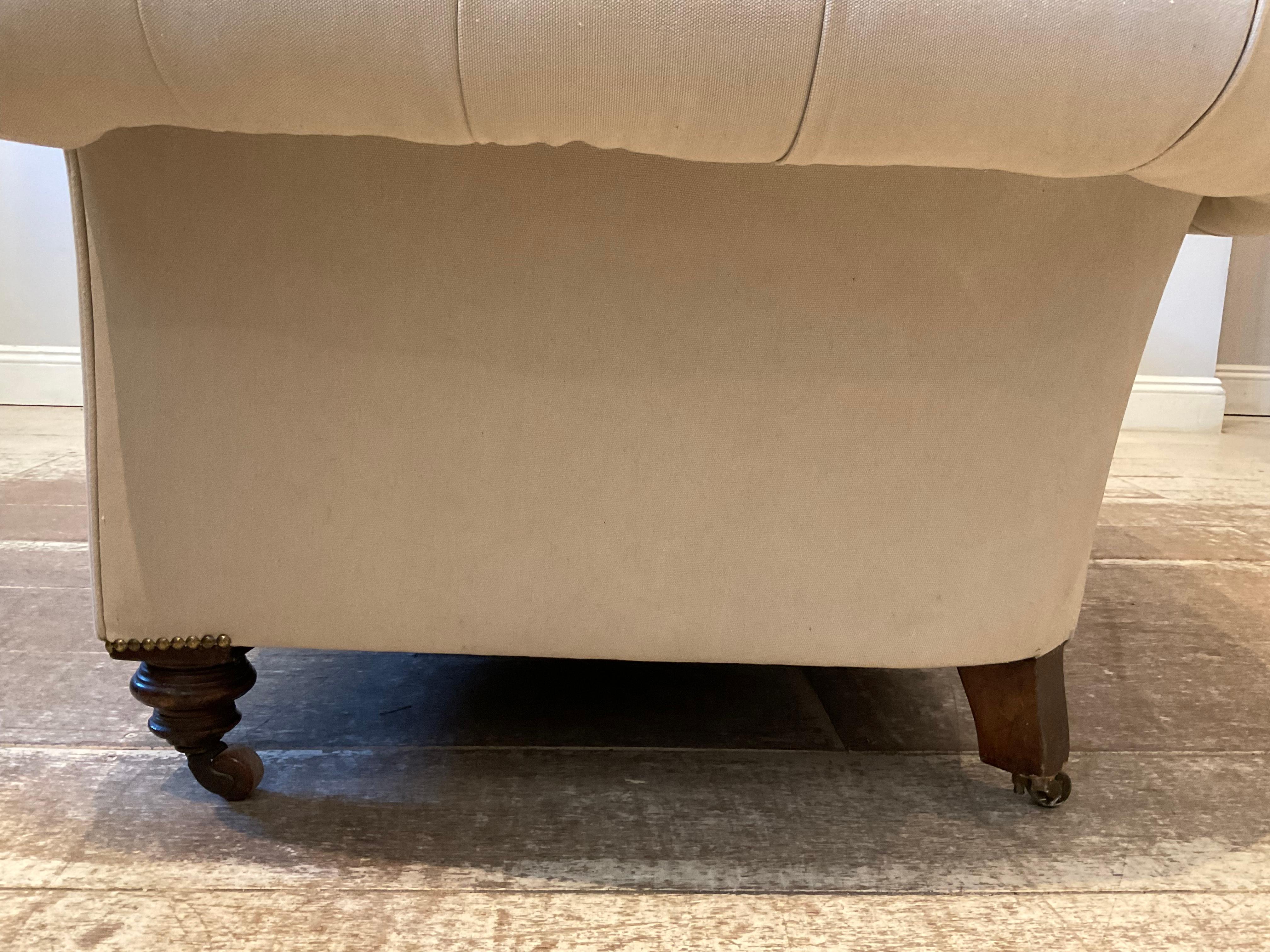 Early 19th Century English Upholstered Button Back Scrolled Arm Chesterfield 10