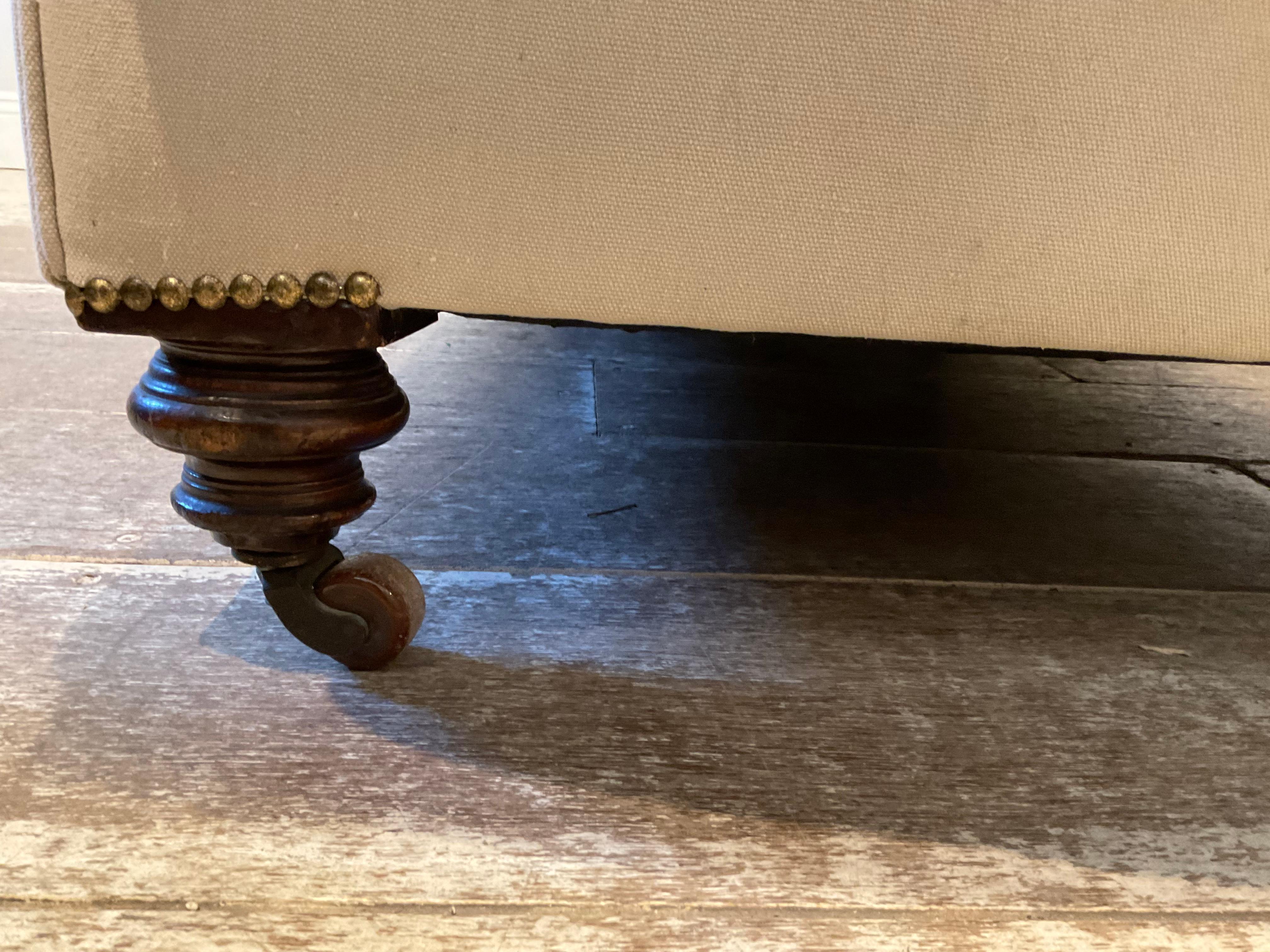 Early 19th Century English Upholstered Button Back Scrolled Arm Chesterfield 11