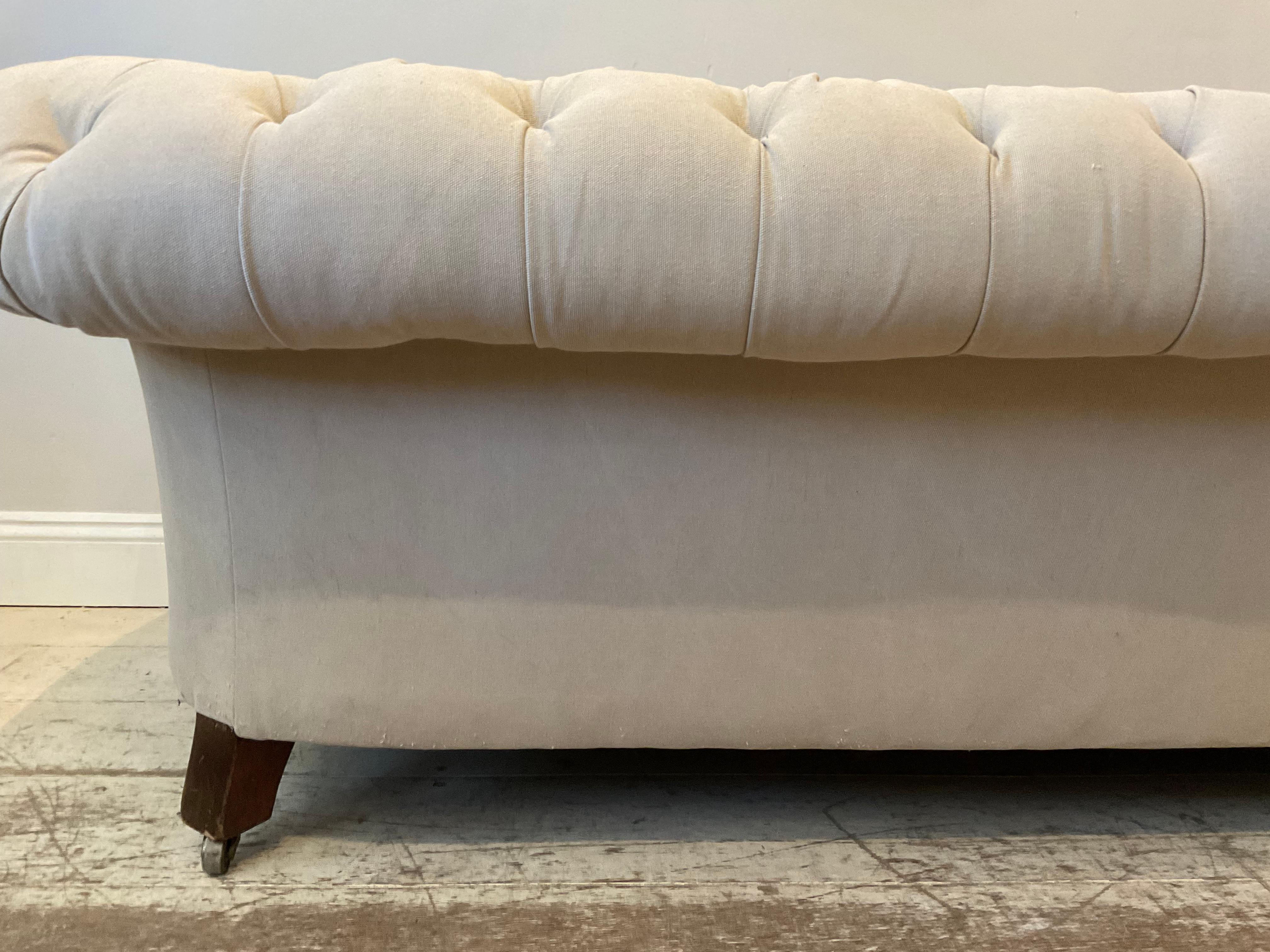 Early 19th Century English Upholstered Button Back Scrolled Arm Chesterfield 13