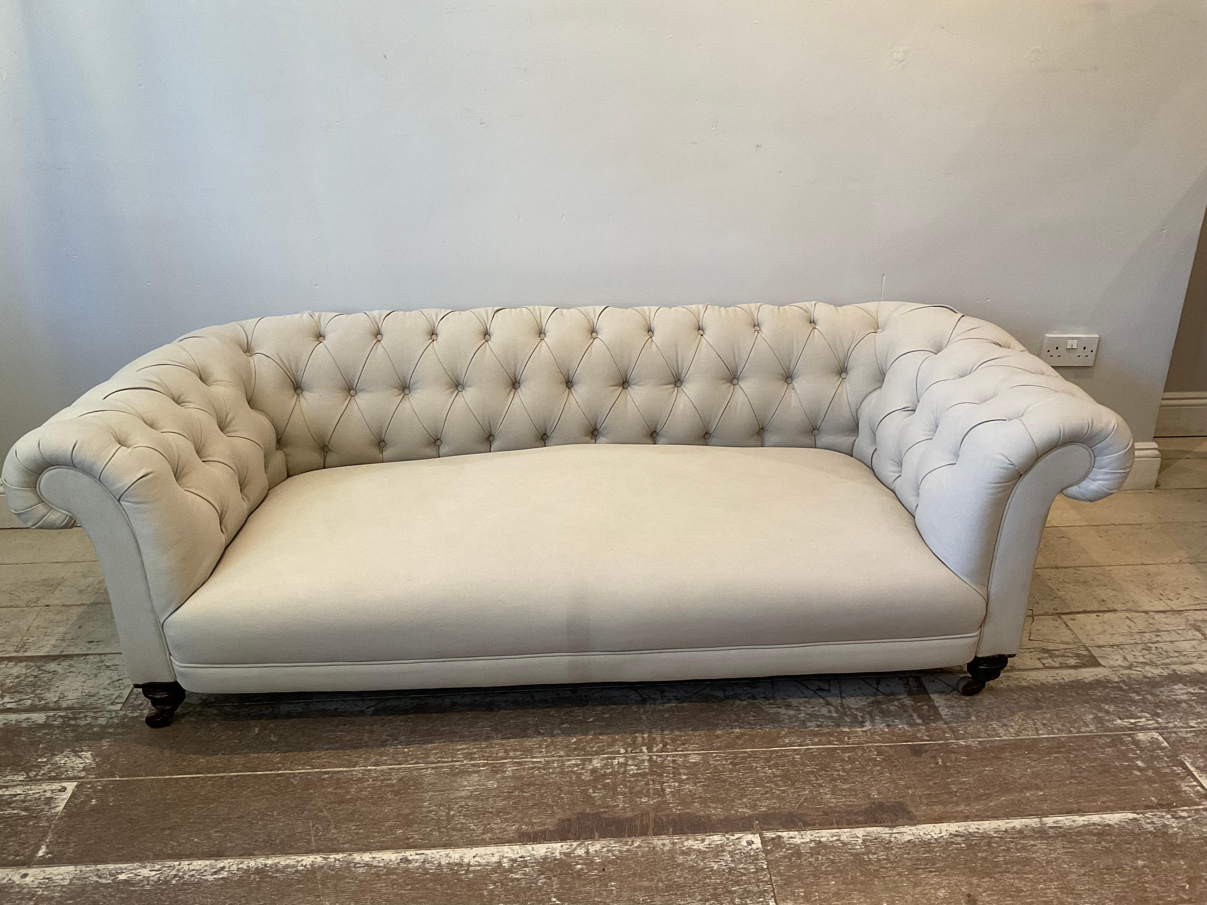 Victorian Early 19th Century English Upholstered Button Back Scrolled Arm Chesterfield