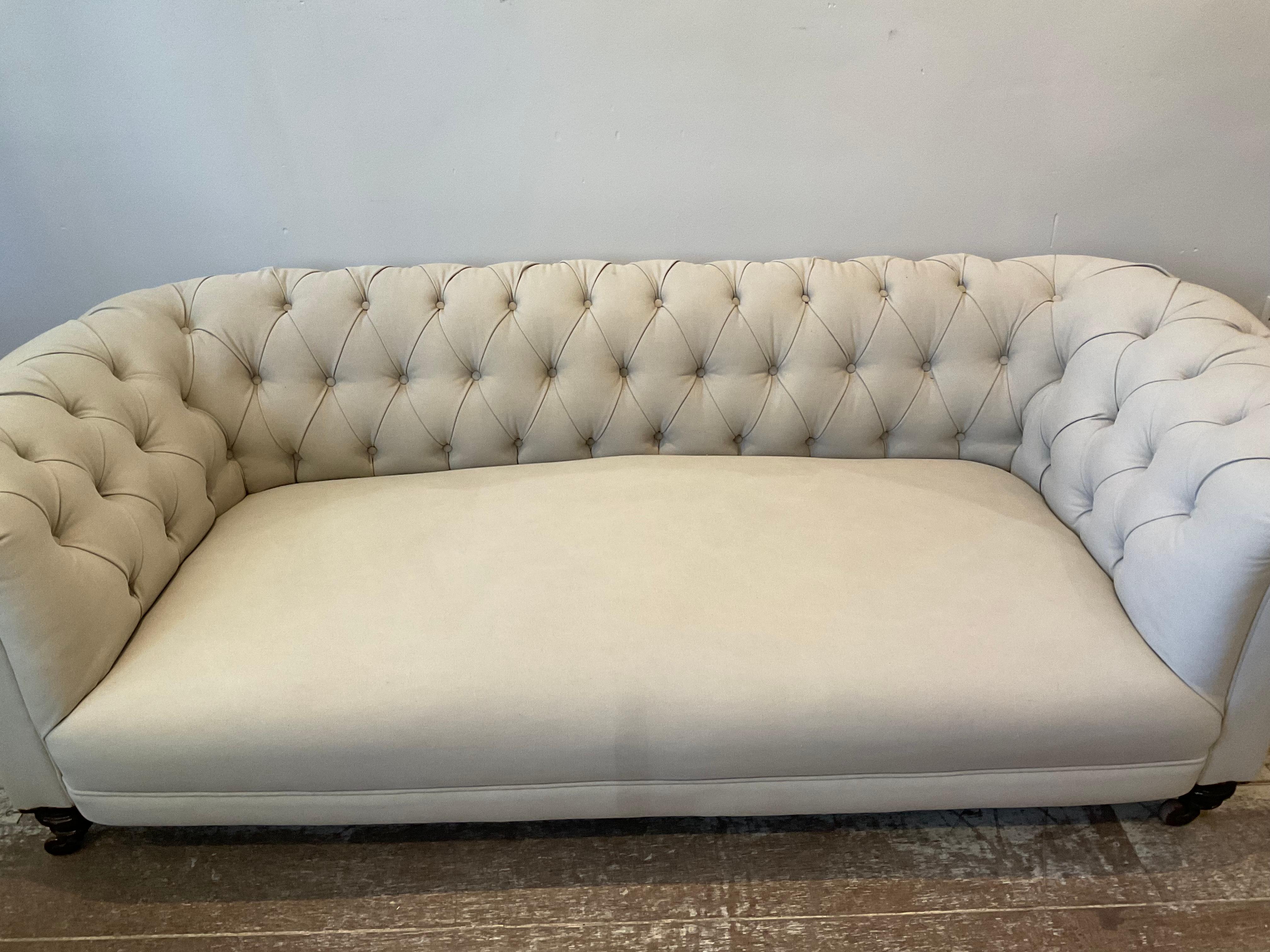 British Early 19th Century English Upholstered Button Back Scrolled Arm Chesterfield