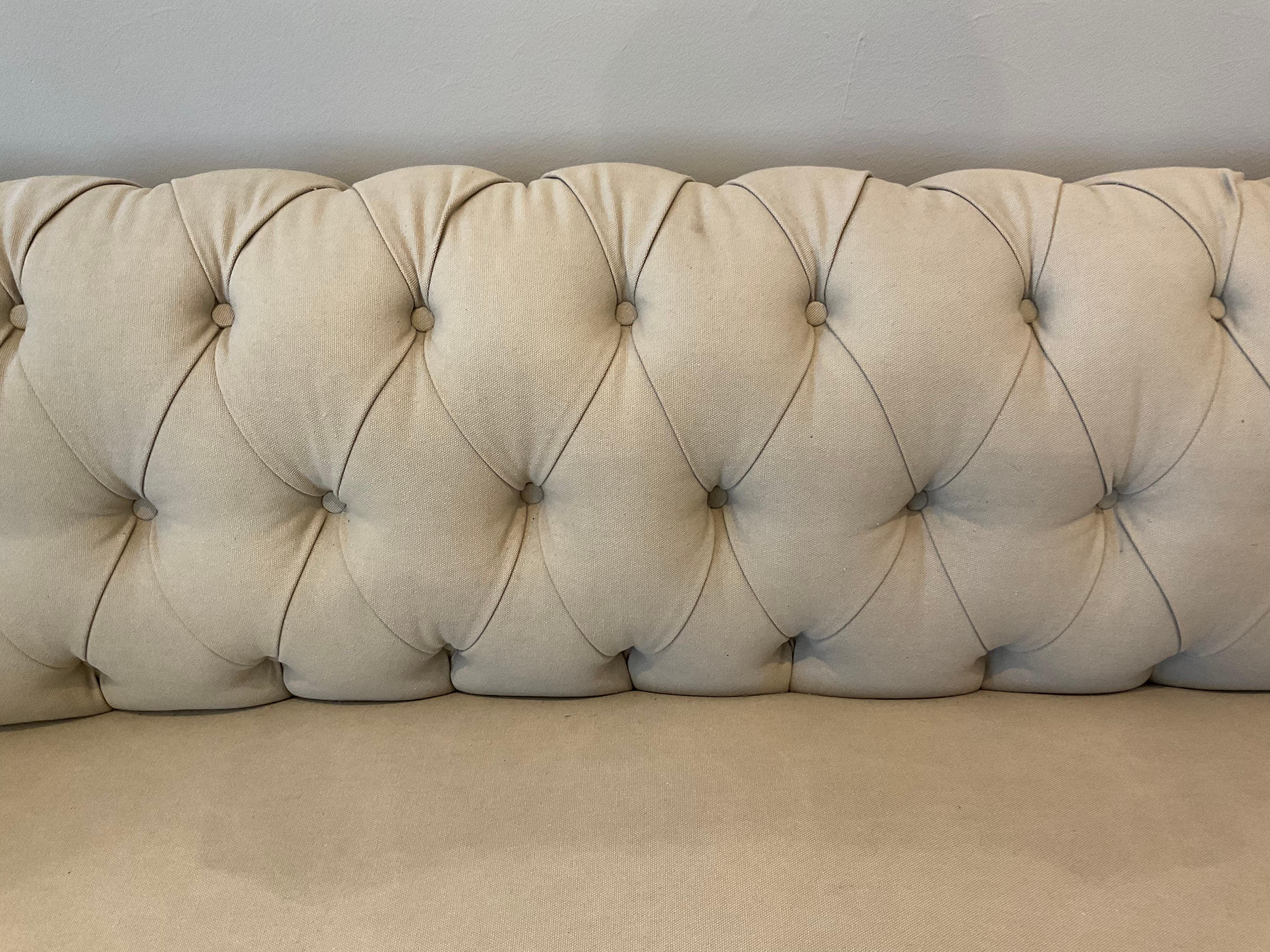 Wood Early 19th Century English Upholstered Button Back Scrolled Arm Chesterfield