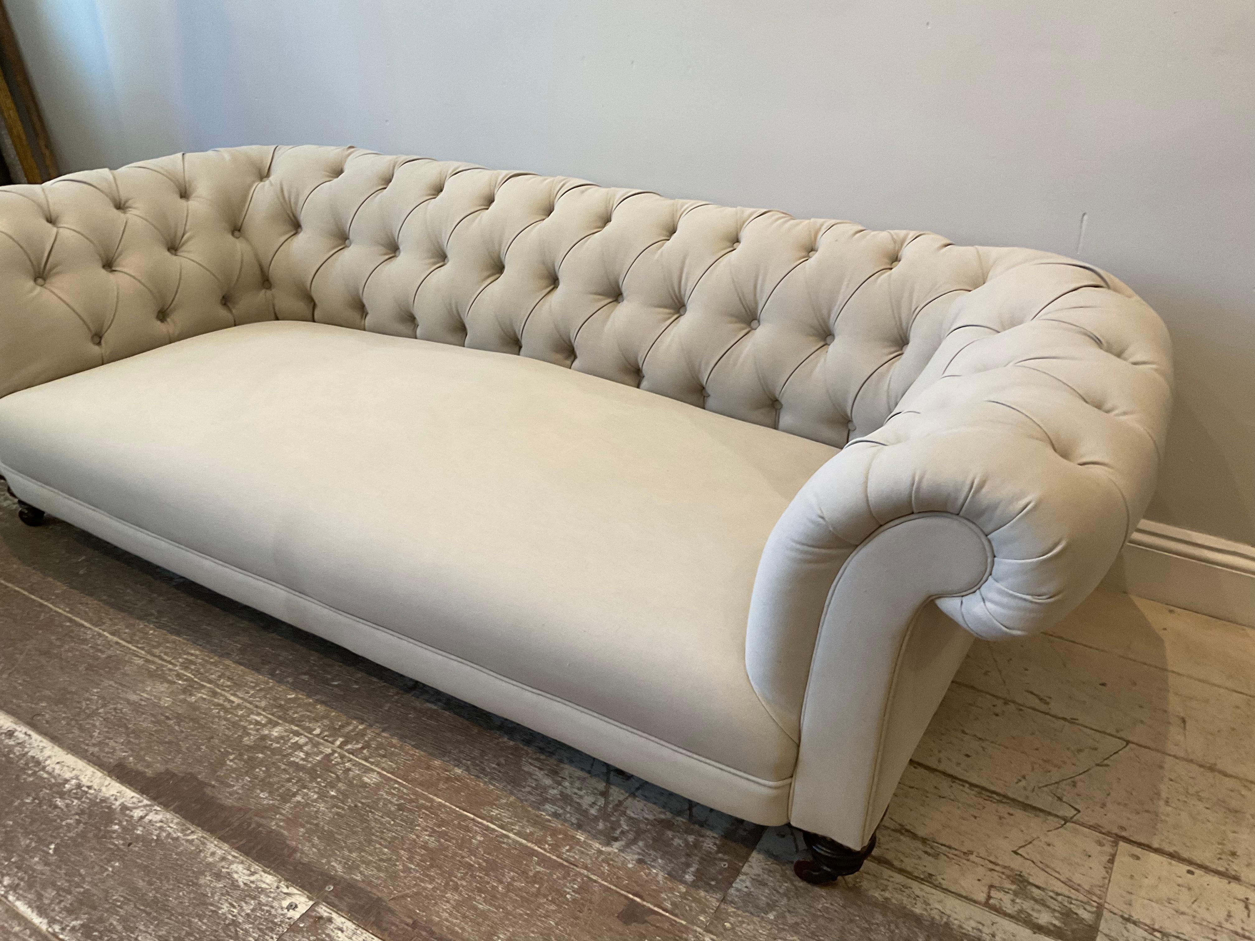 Early 19th Century English Upholstered Button Back Scrolled Arm Chesterfield 1