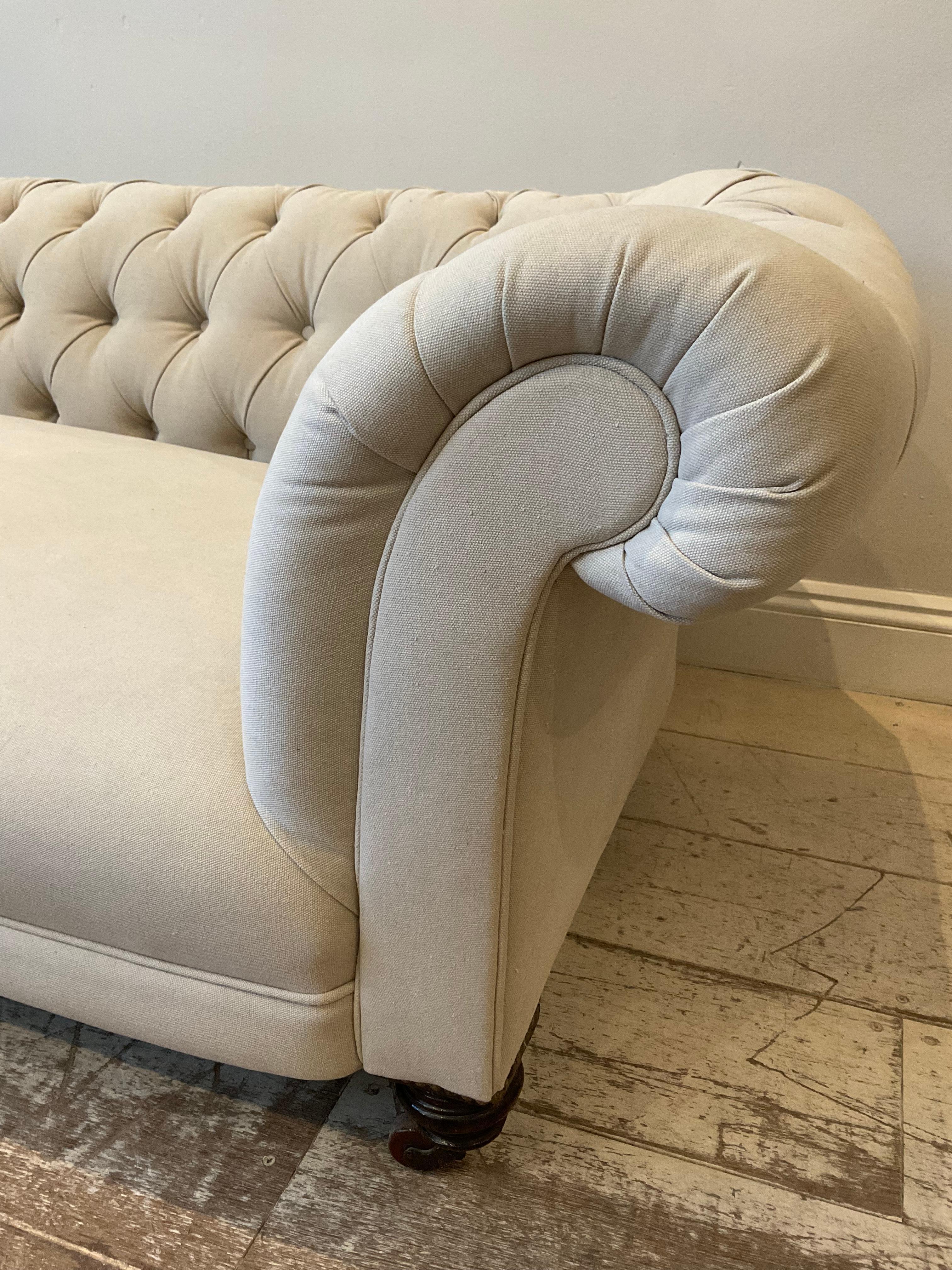 Early 19th Century English Upholstered Button Back Scrolled Arm Chesterfield 2