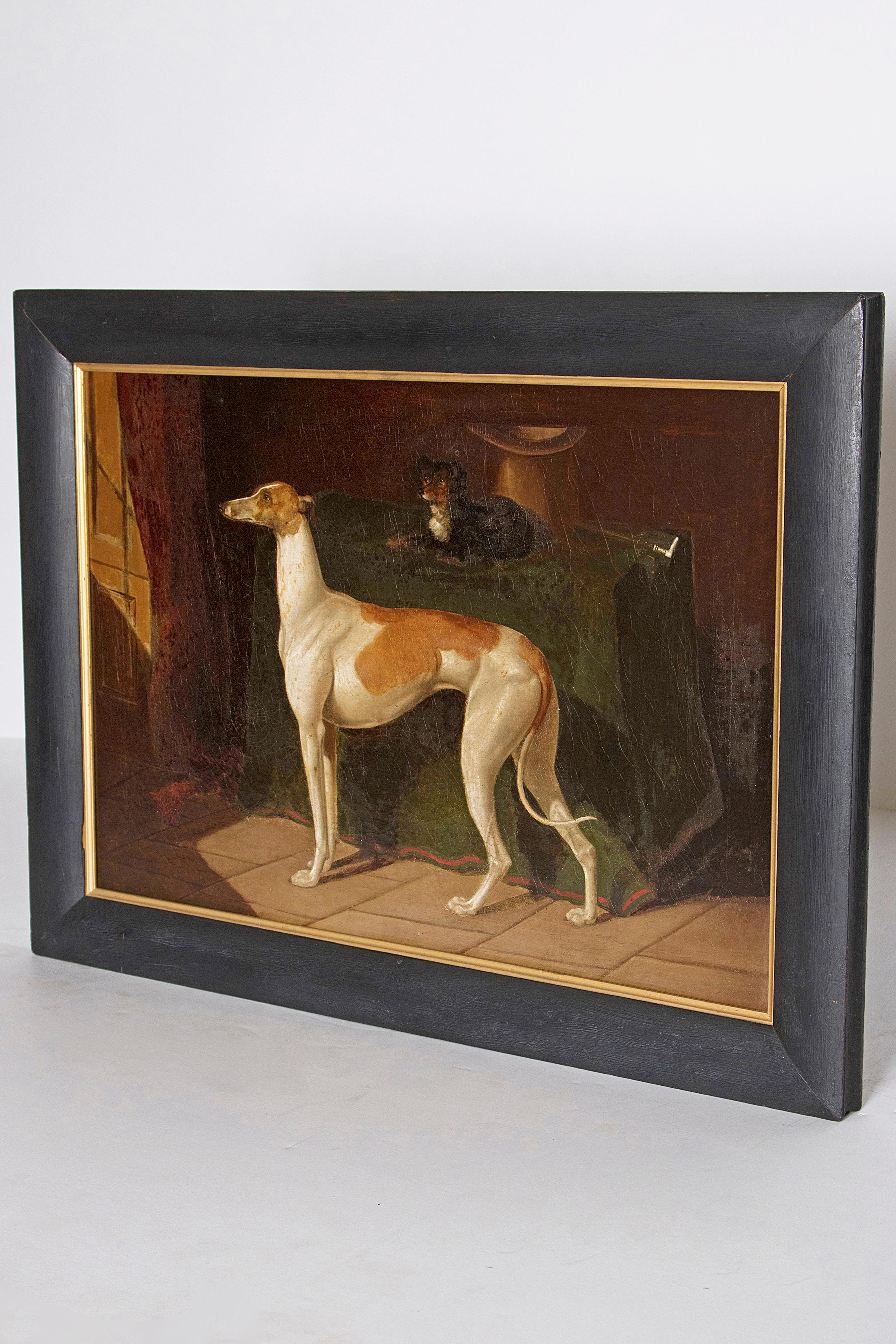 A realistically portrayed oil on canvas of a Whippet standing in an interior. The table top next to the Whippet has a small dog, top hat and cane. The painting has been relined, as found. 
Image measures: 15