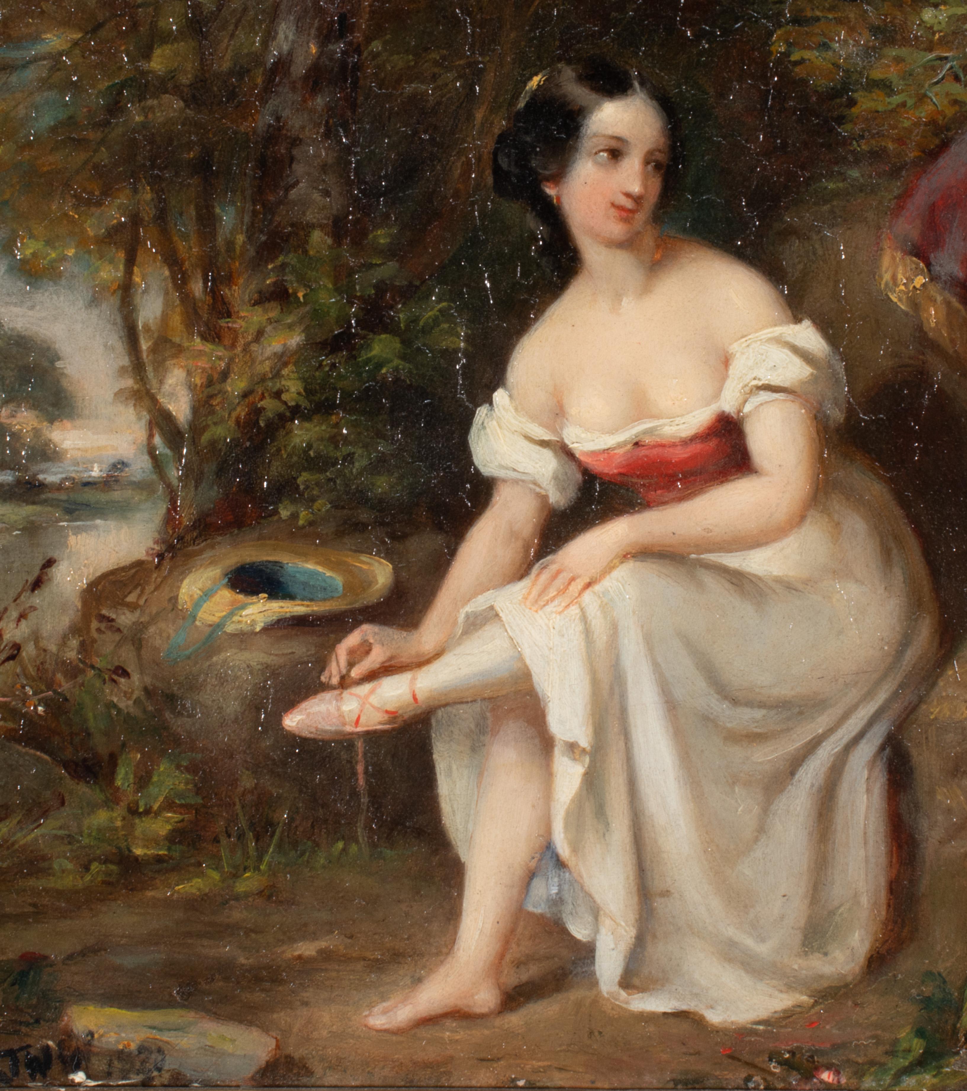 This charming oil on mahogany board depicts a portrait of a young woman in typical early 19th-century fashion surrounded by foliage while she sits on a rock tending to her shoe. Housed in a giltwood frame Dated 1820 and signed 