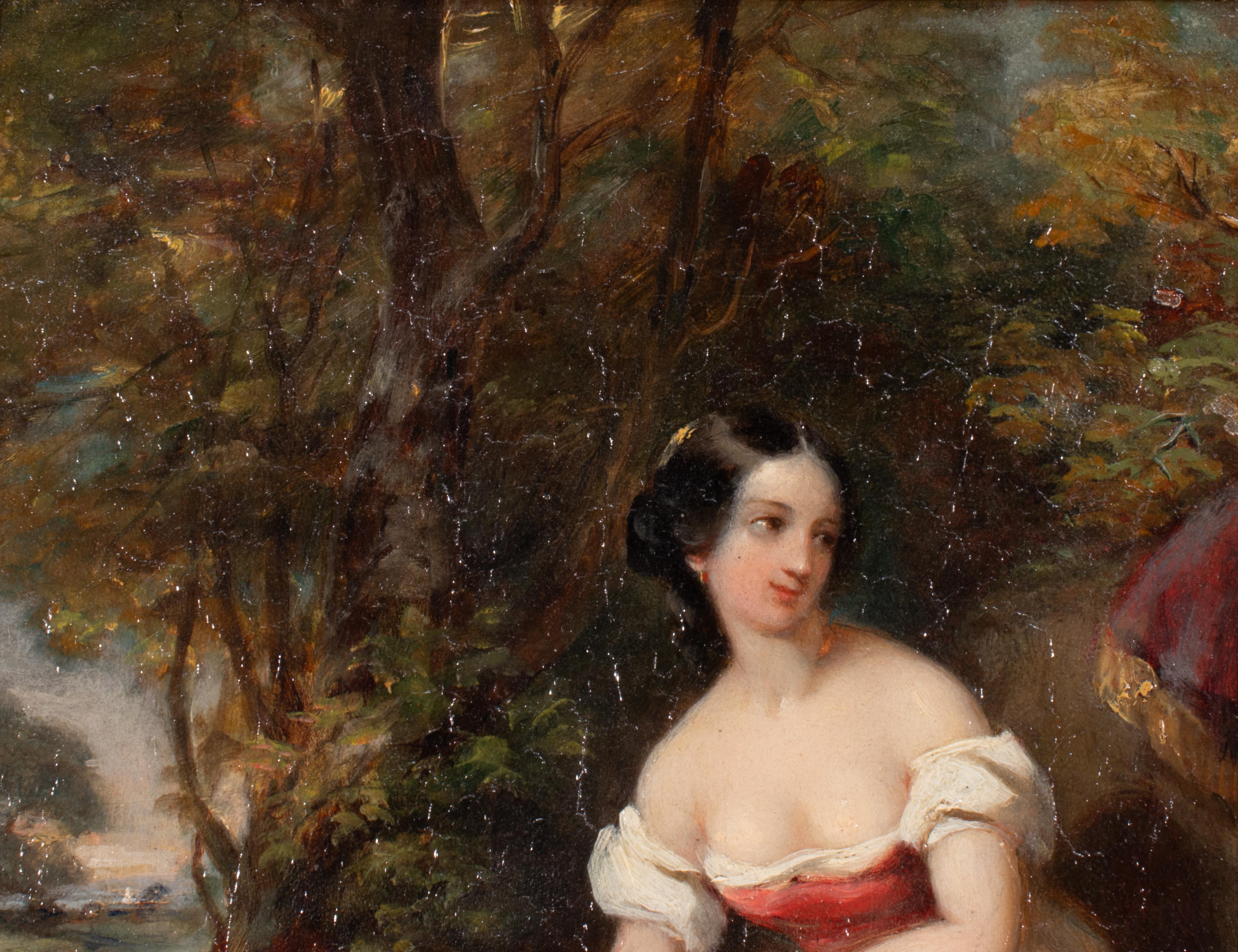 Early Victorian Early 19th Century European Oil on Board Portrait of a Woman with Tired Feet For Sale