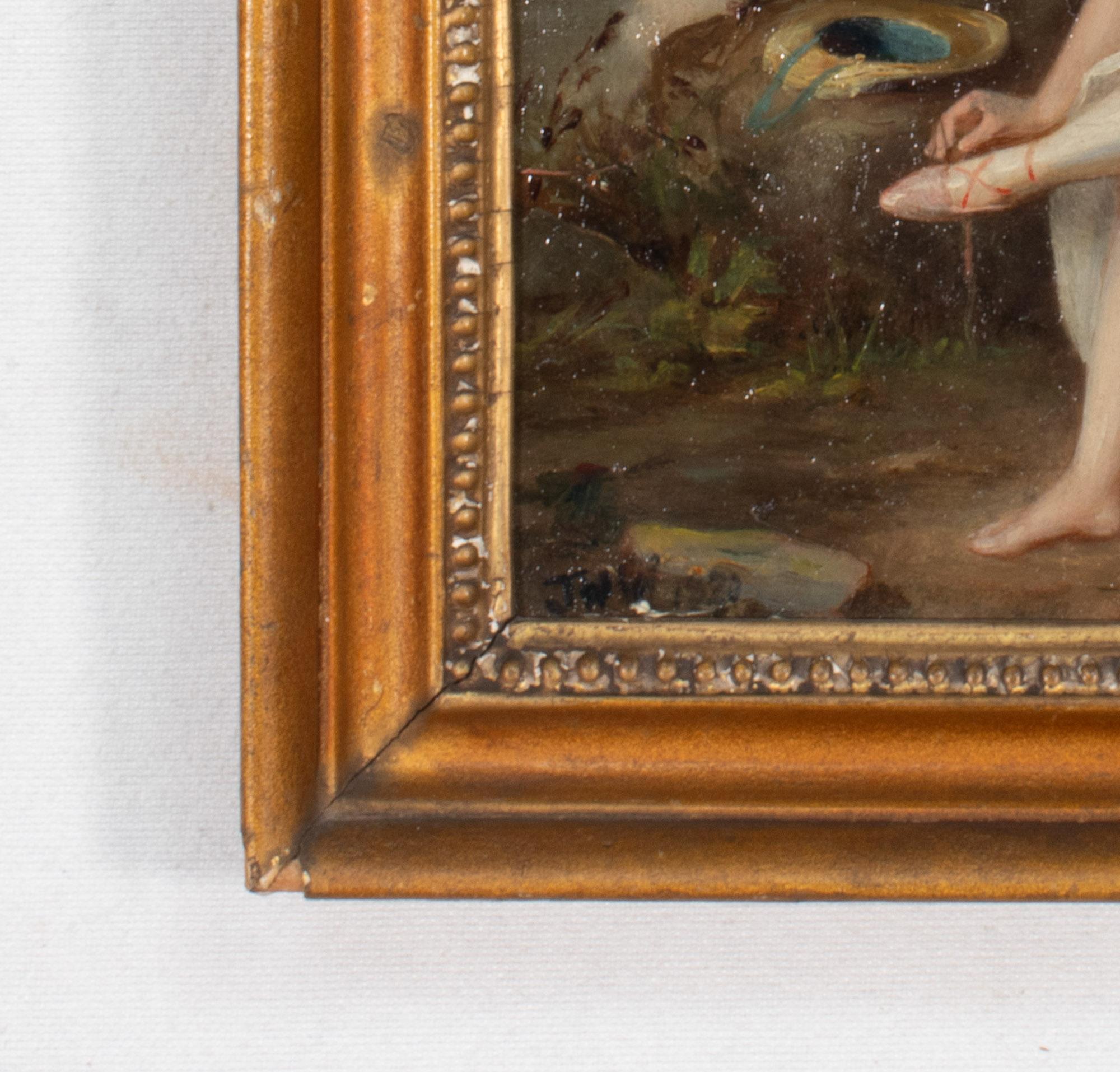 Early 19th Century European Oil on Board Portrait of a Woman with Tired Feet For Sale 2