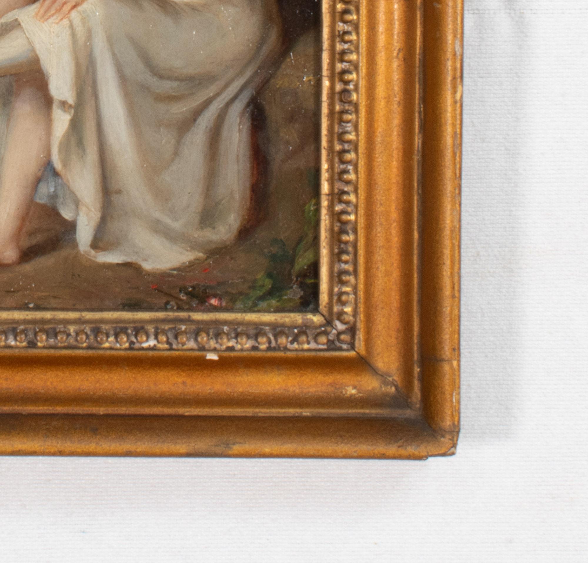 Early 19th Century European Oil on Board Portrait of a Woman with Tired Feet For Sale 3