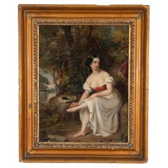 Early 19th Century European Oil on Board Portrait of a Woman with Tired Feet