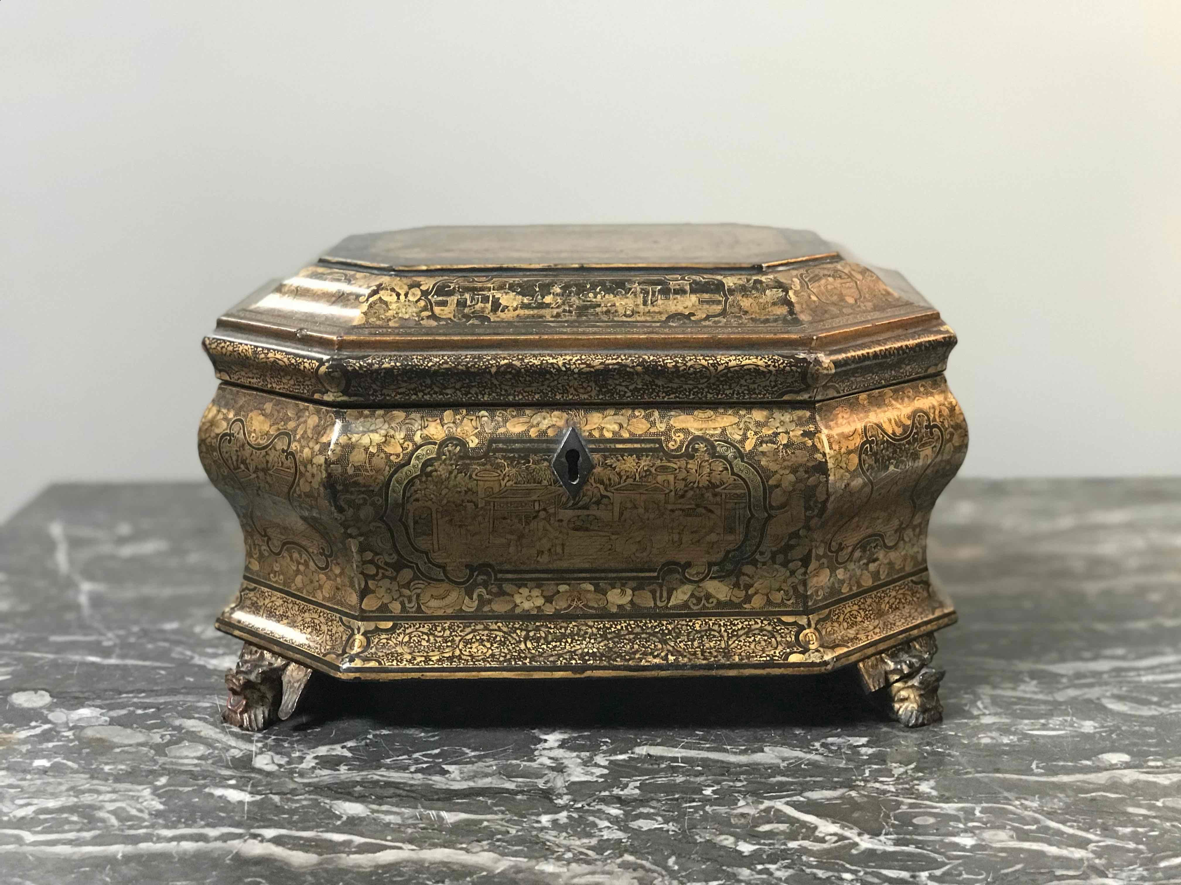 Early 19th century export lacquer box on carved feet from China. 