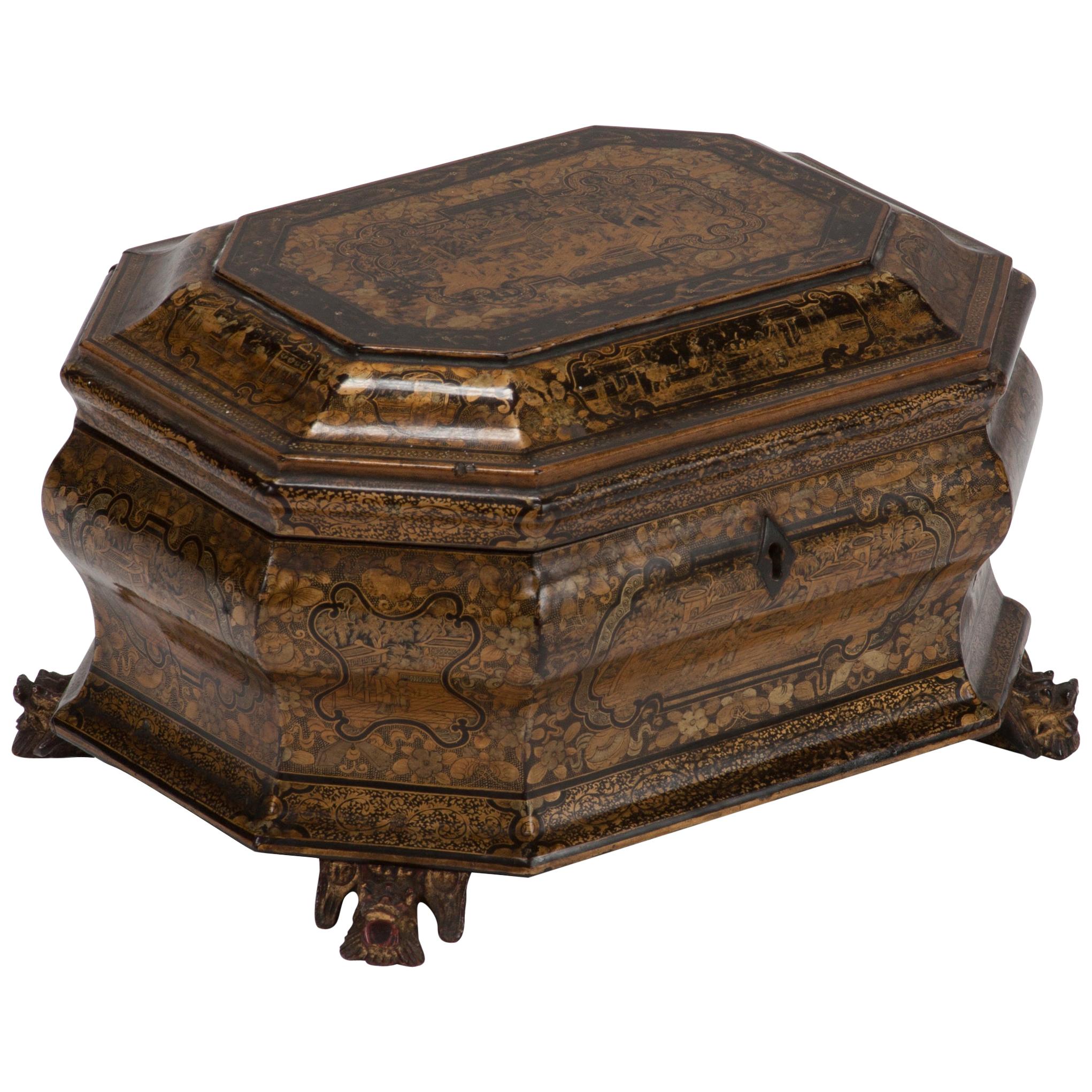 Early 19th Century Export Chinoiserie Lacquer Box on Carved Feet