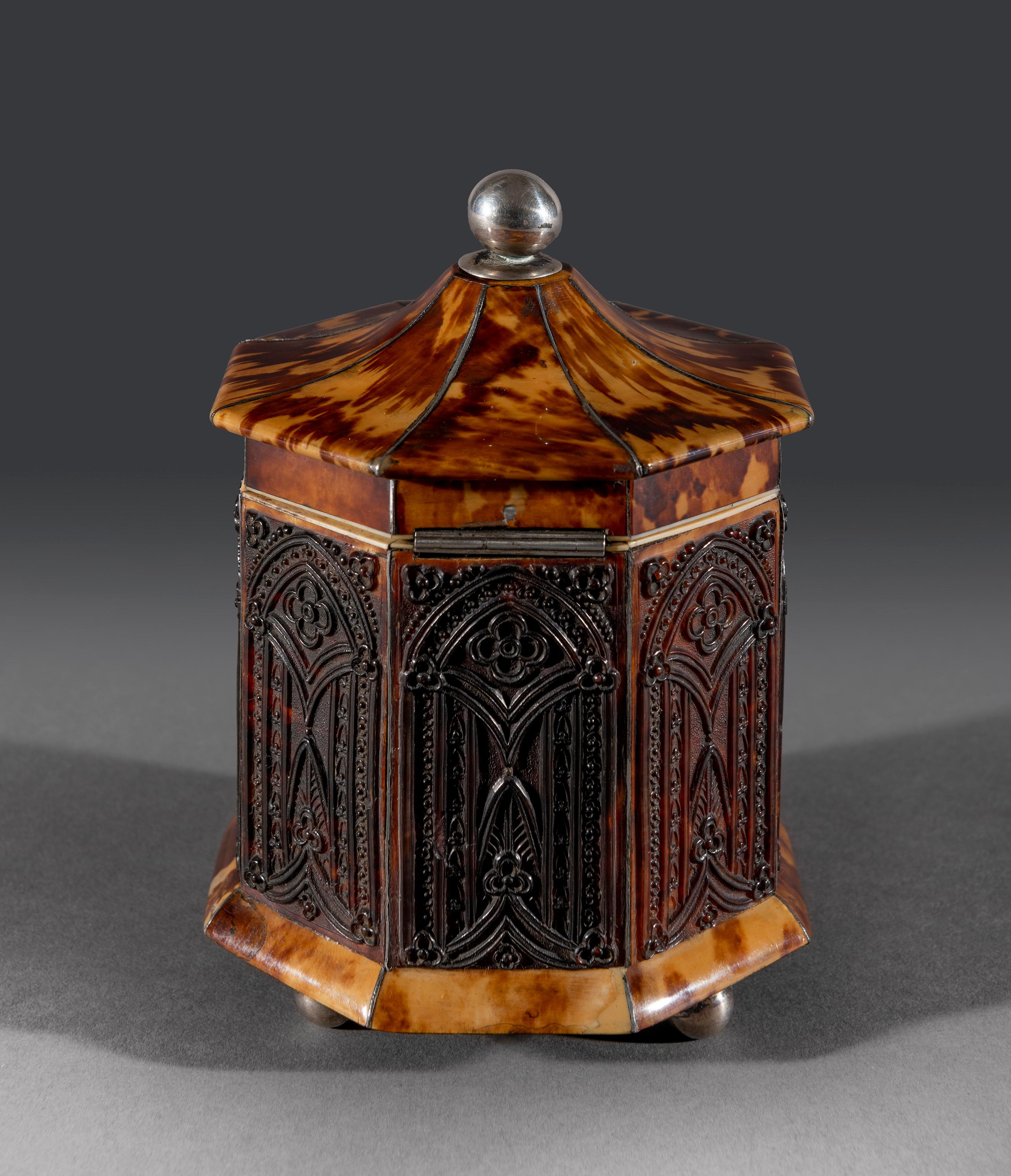 English Early 19th Century Regency Period Gothic Pagoda Tortoiseshell Tea Caddy