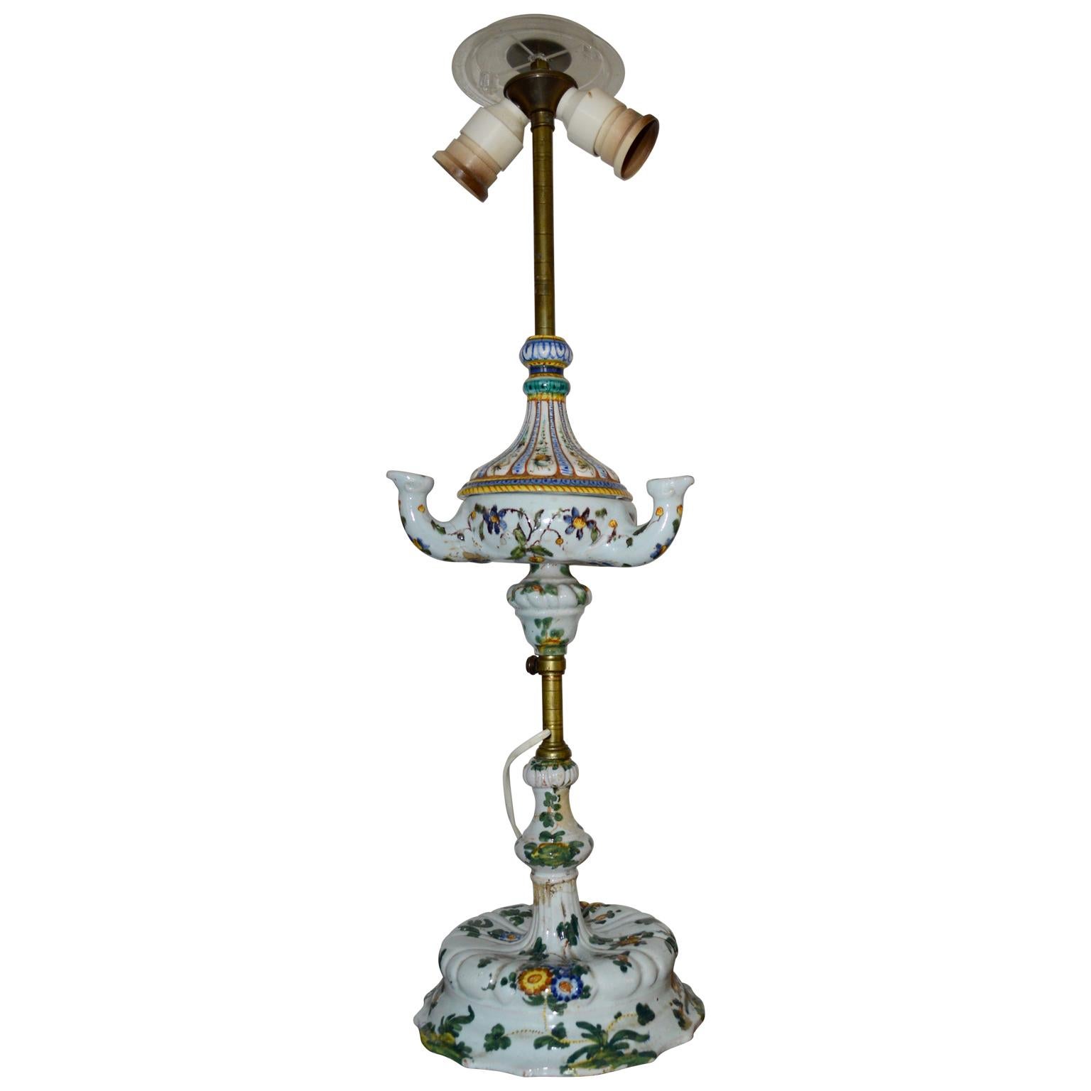 Rococo Early 19th Century Faience Table Lamp, Converted From Oil-Burning Lamp For Sale