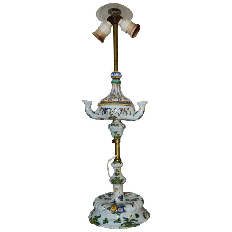 Early 19th Century Faience Table Lamp, Converted From OilBurning Lamp For Sale at 1stDibs