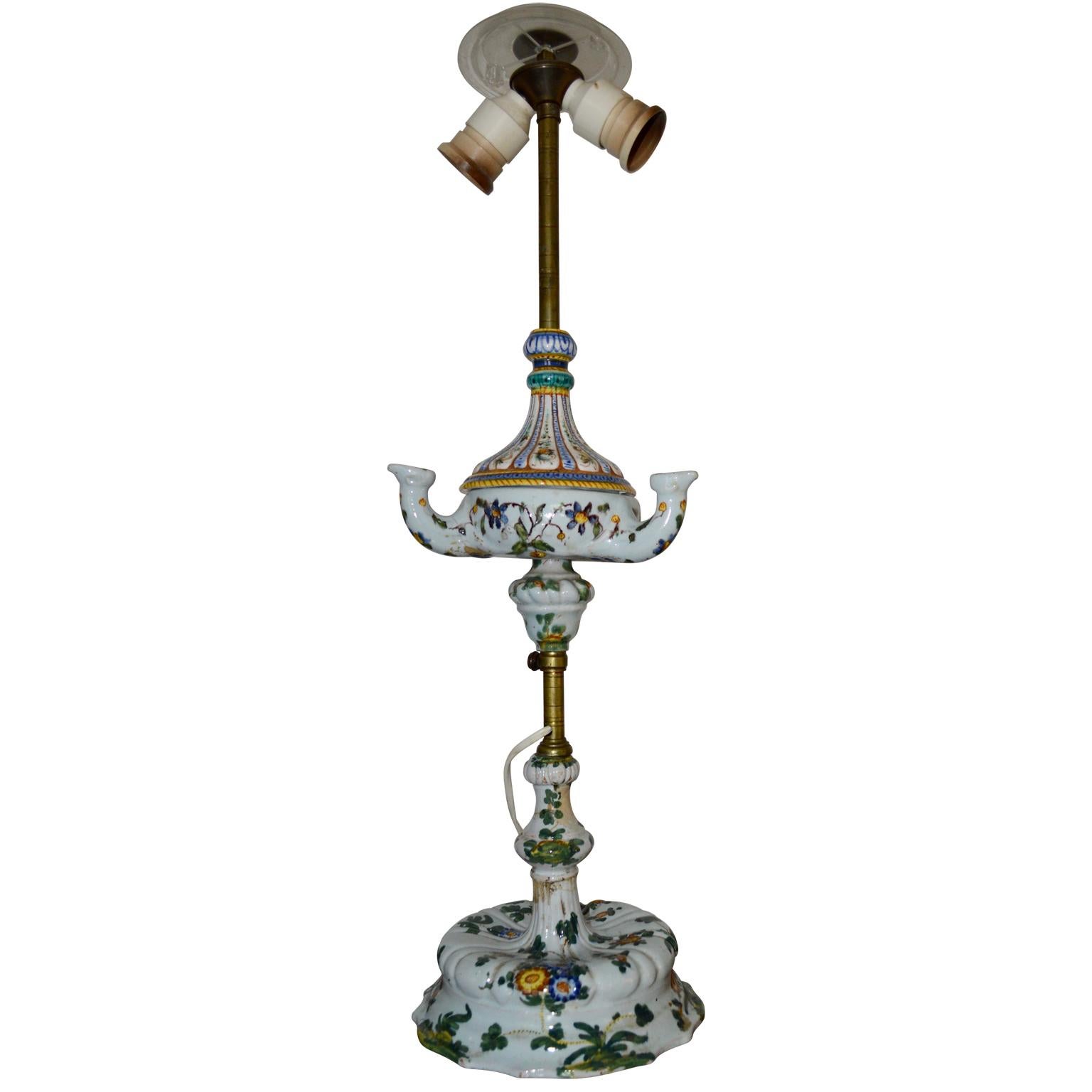 French Early 19th Century Faience Table Lamp, Converted From Oil-Burning Lamp For Sale