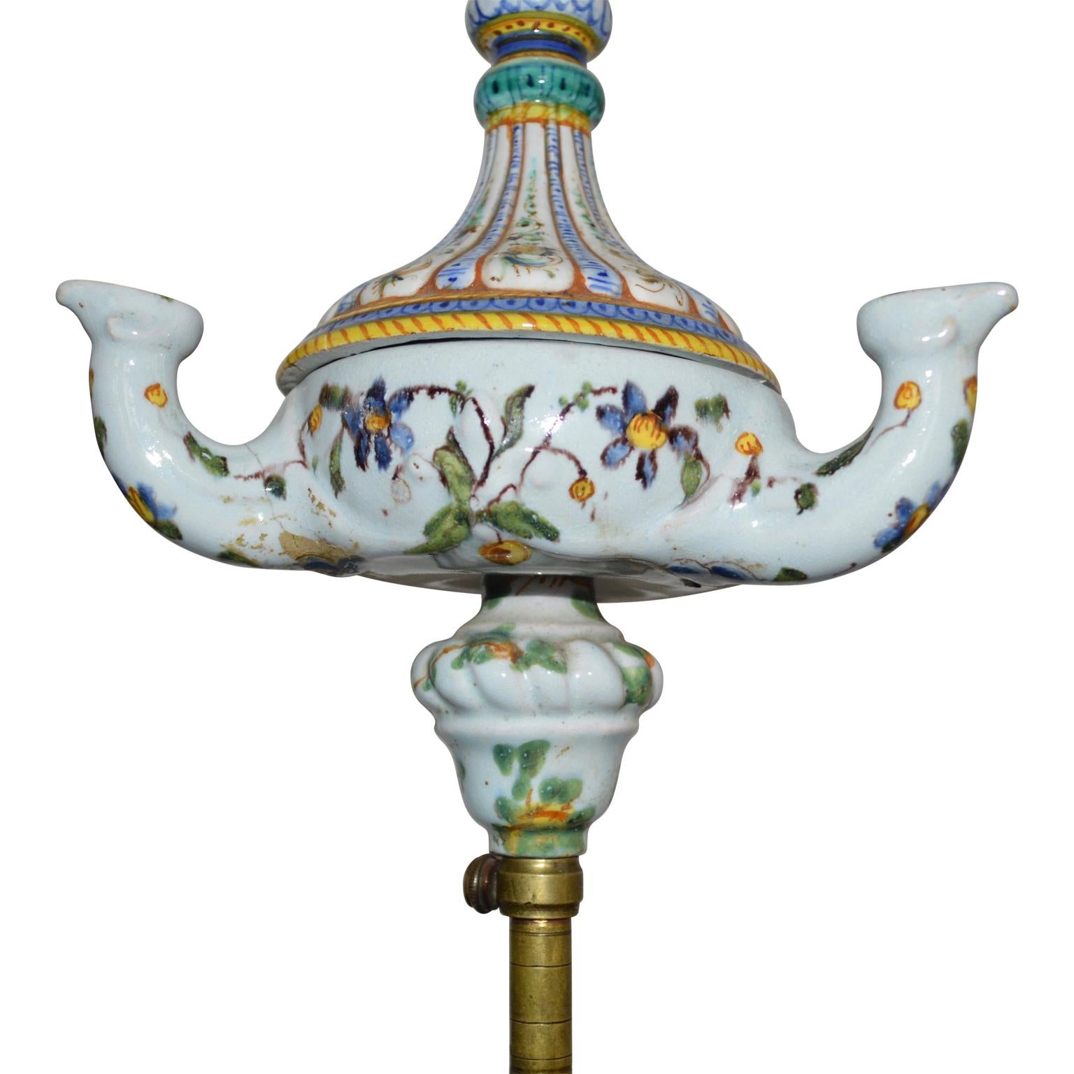 Early 19th Century Faience Table Lamp, Converted From Oil-Burning Lamp In Good Condition For Sale In Haddonfield, NJ
