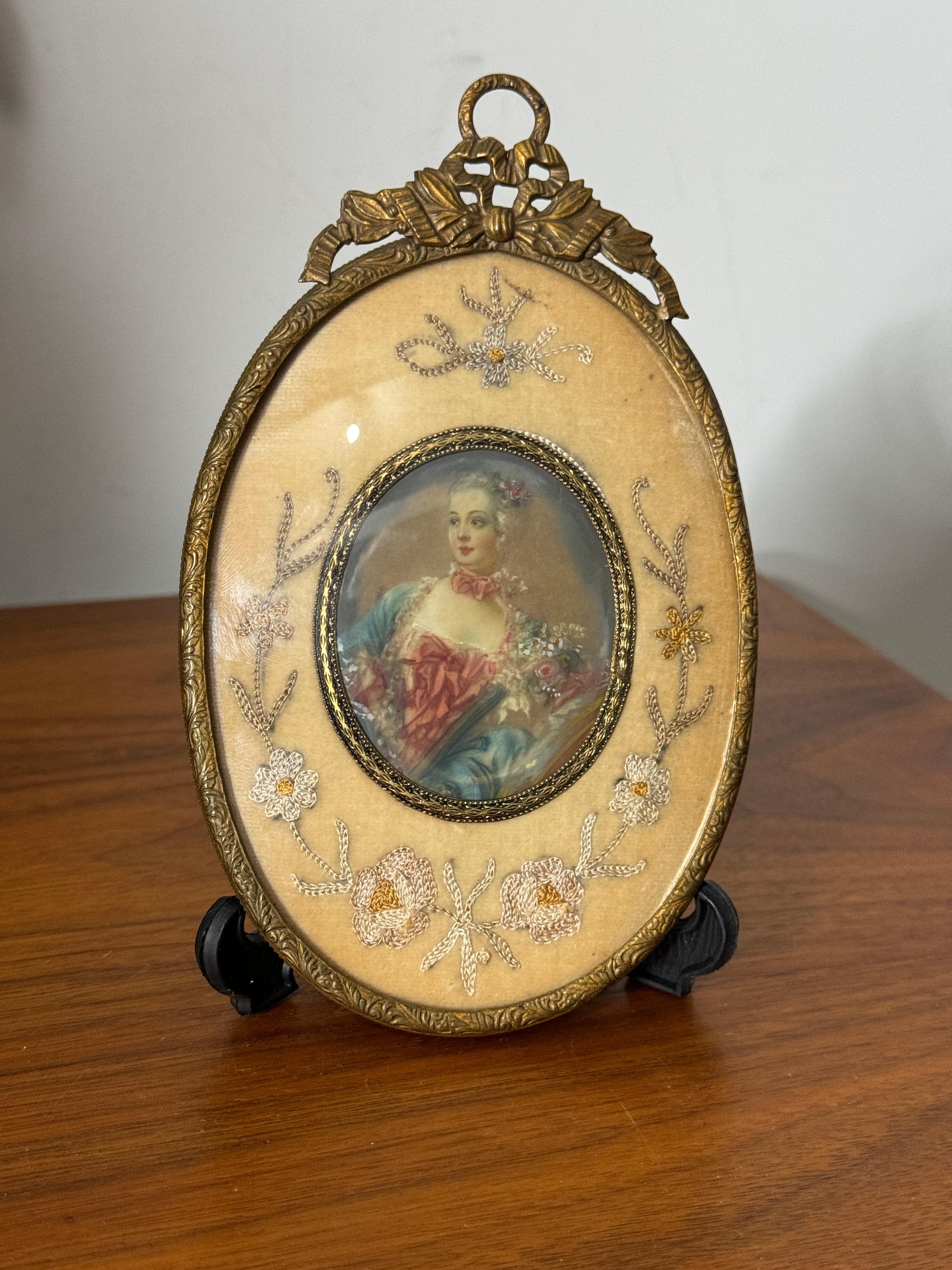 Fancy Maiden: Miniatur-Porträt, gestickter Rahmen, frühes 19. Jahrhundert im Angebot 5