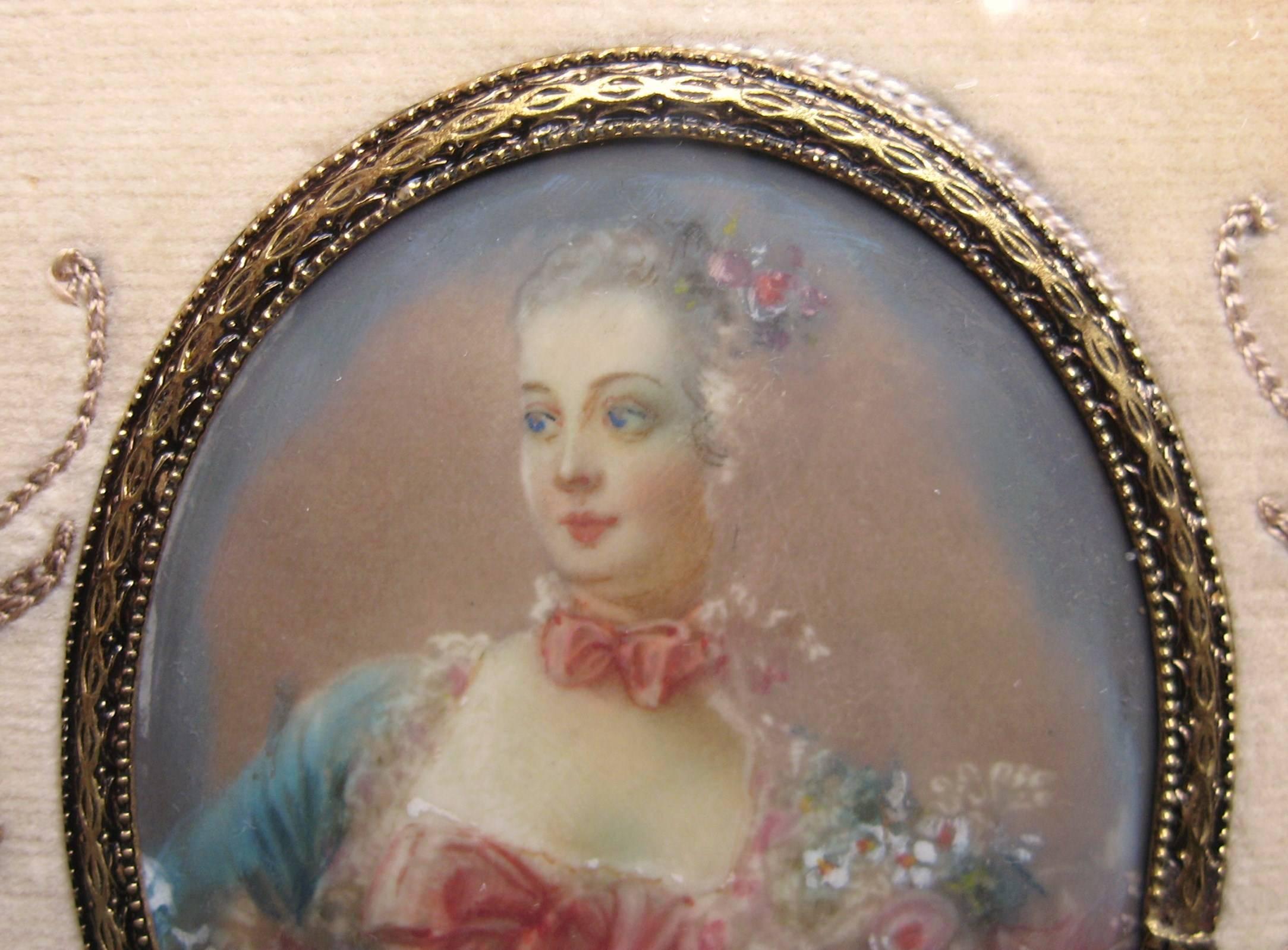 Regency Early 19th Century Fancy Maiden Miniature Portrait Embroidered Frame For Sale