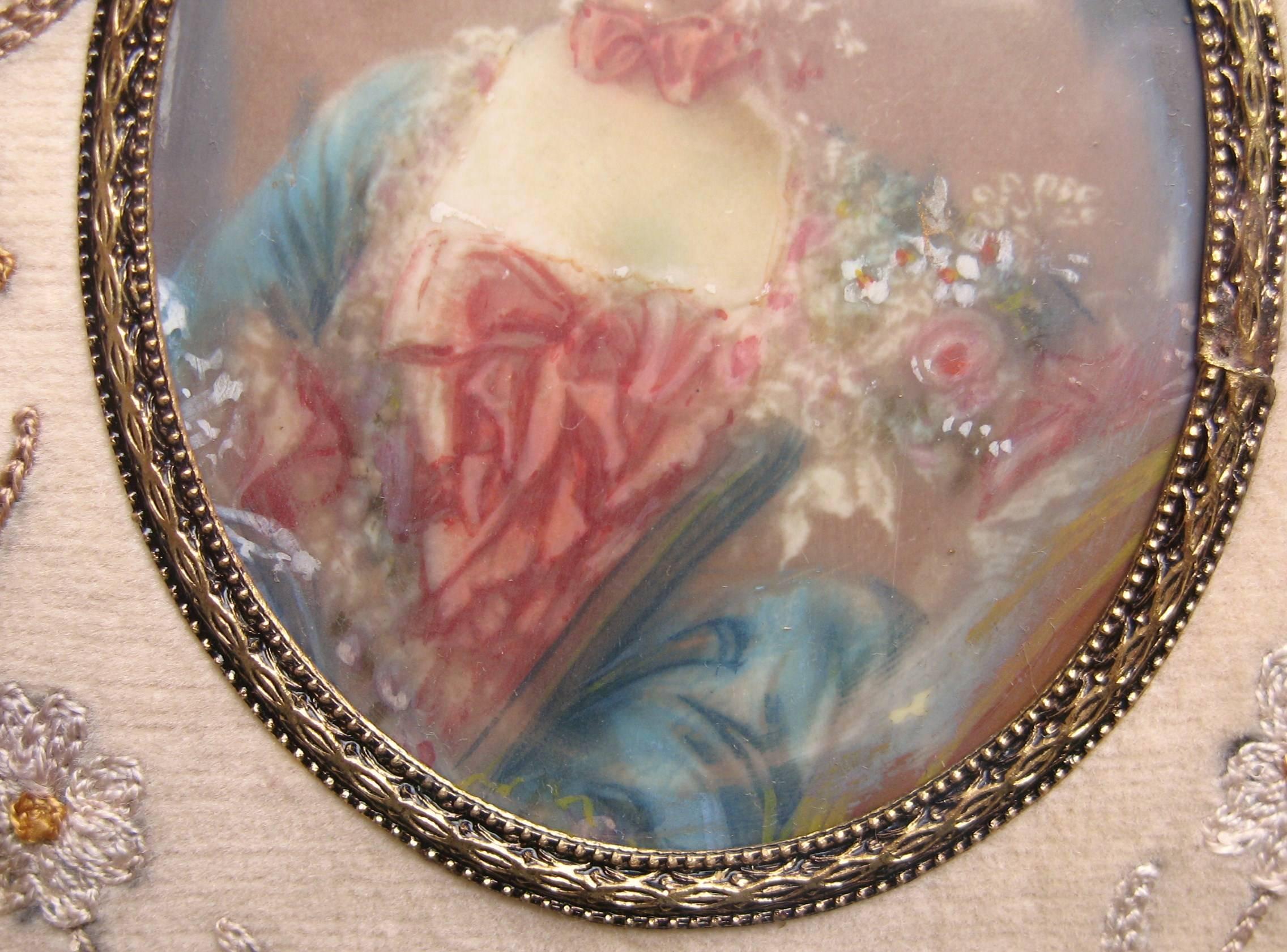 Early 19th Century Fancy Maiden Miniature Portrait Embroidered Frame In Good Condition For Sale In Wallkill, NY