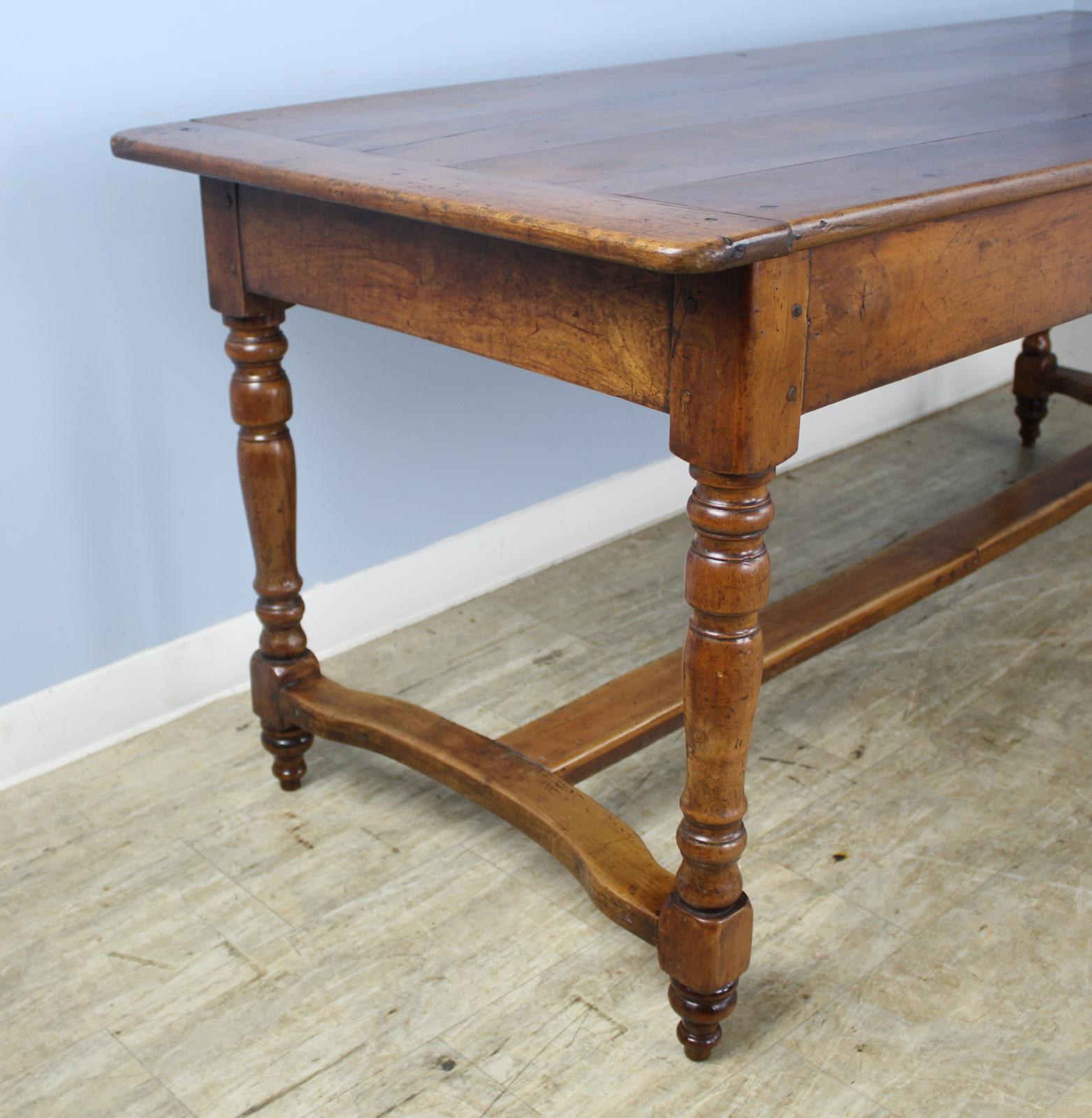 Fruitwood Early 19th Century Farm Table with Turned Legs and Stretcher Base