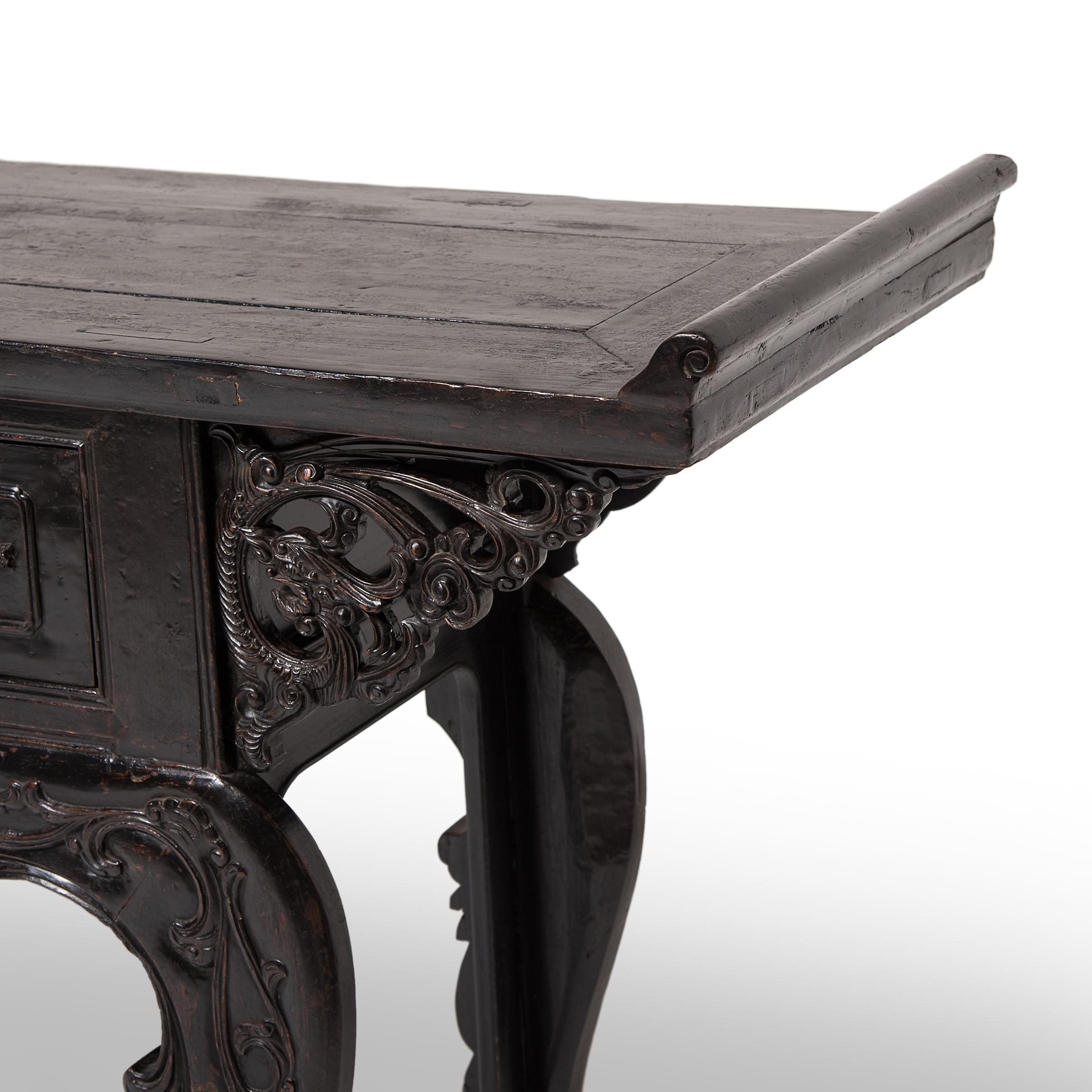 Elm Finely Carved Chinese Console Table, c. 1800 For Sale