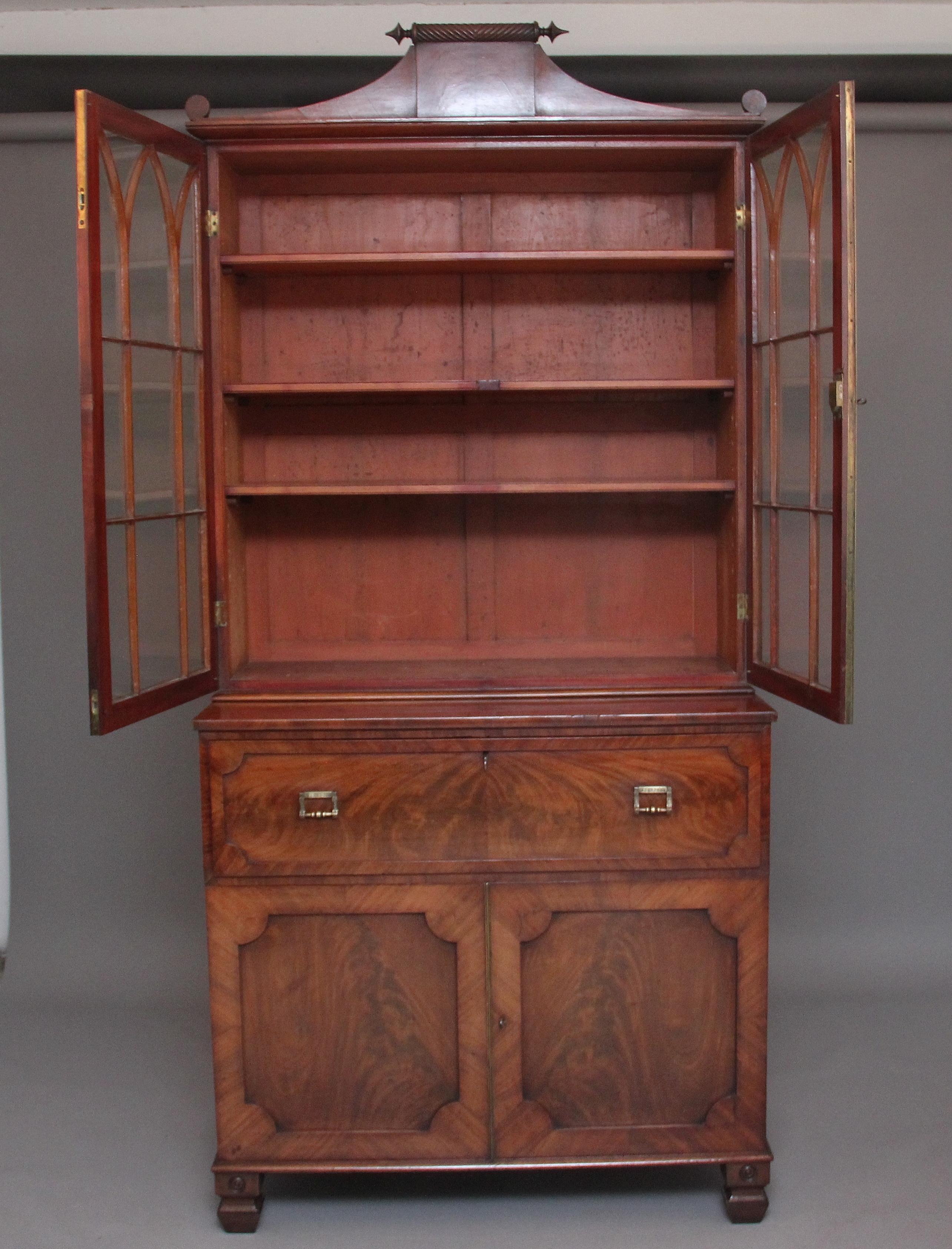 Regency Early 19th Century Flame Mahogany Secretaire Bookcase For Sale