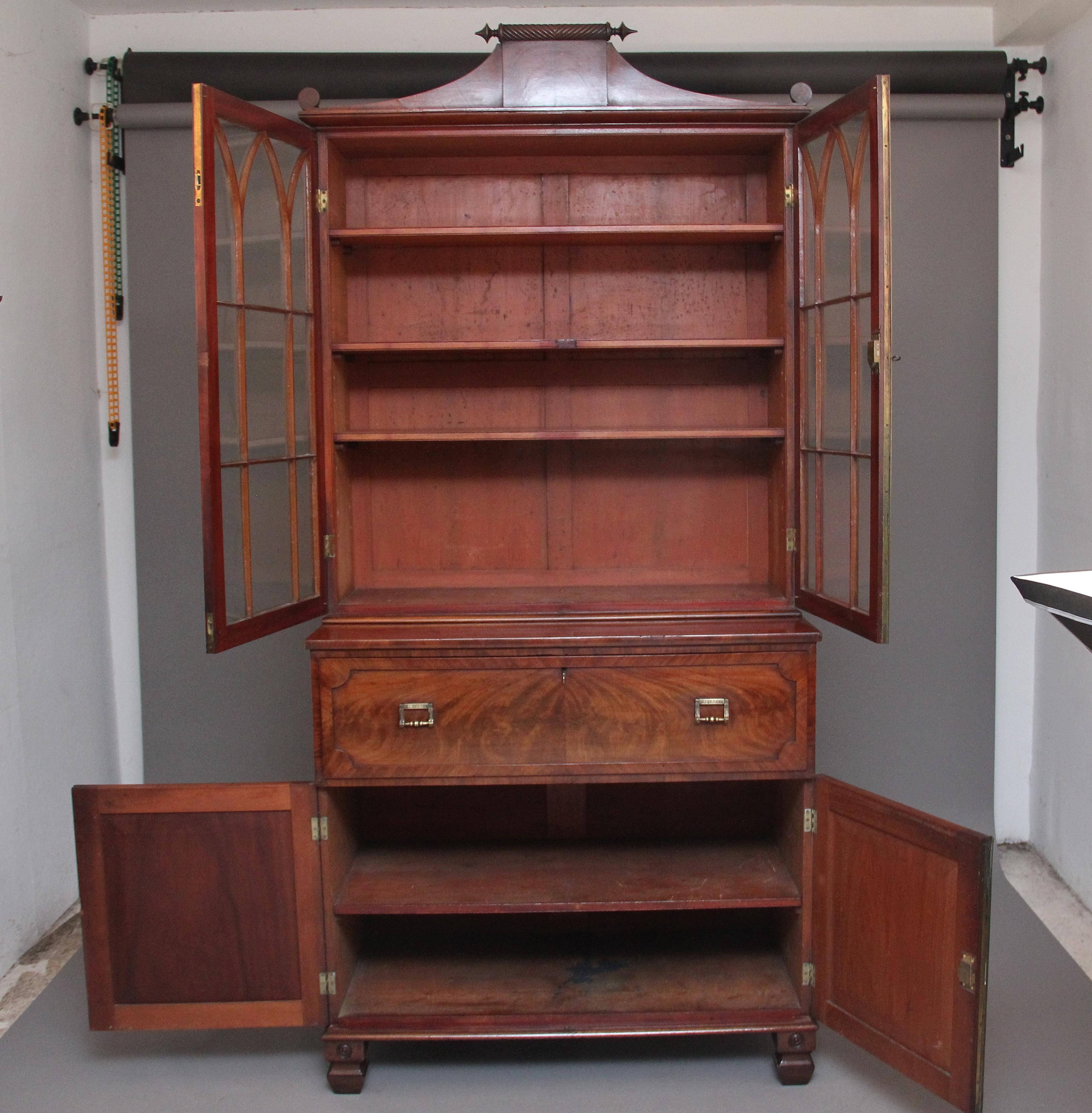 British Early 19th Century Flame Mahogany Secretaire Bookcase For Sale