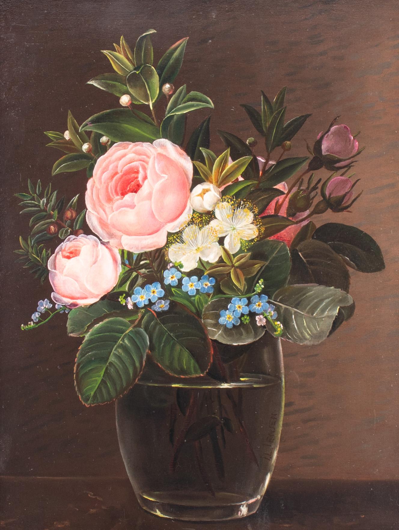 Dieses Stillleben in Öl auf Karton aus dem 19. Jahrhundert von Johan Laurentz Jensen (Däne, 1800-1856) zeigt eine beeindruckende Komposition von Blumen. Das Werk ist meisterhaft ausgeführt, mit zart gemalten Blüten, die aus einem einfachen