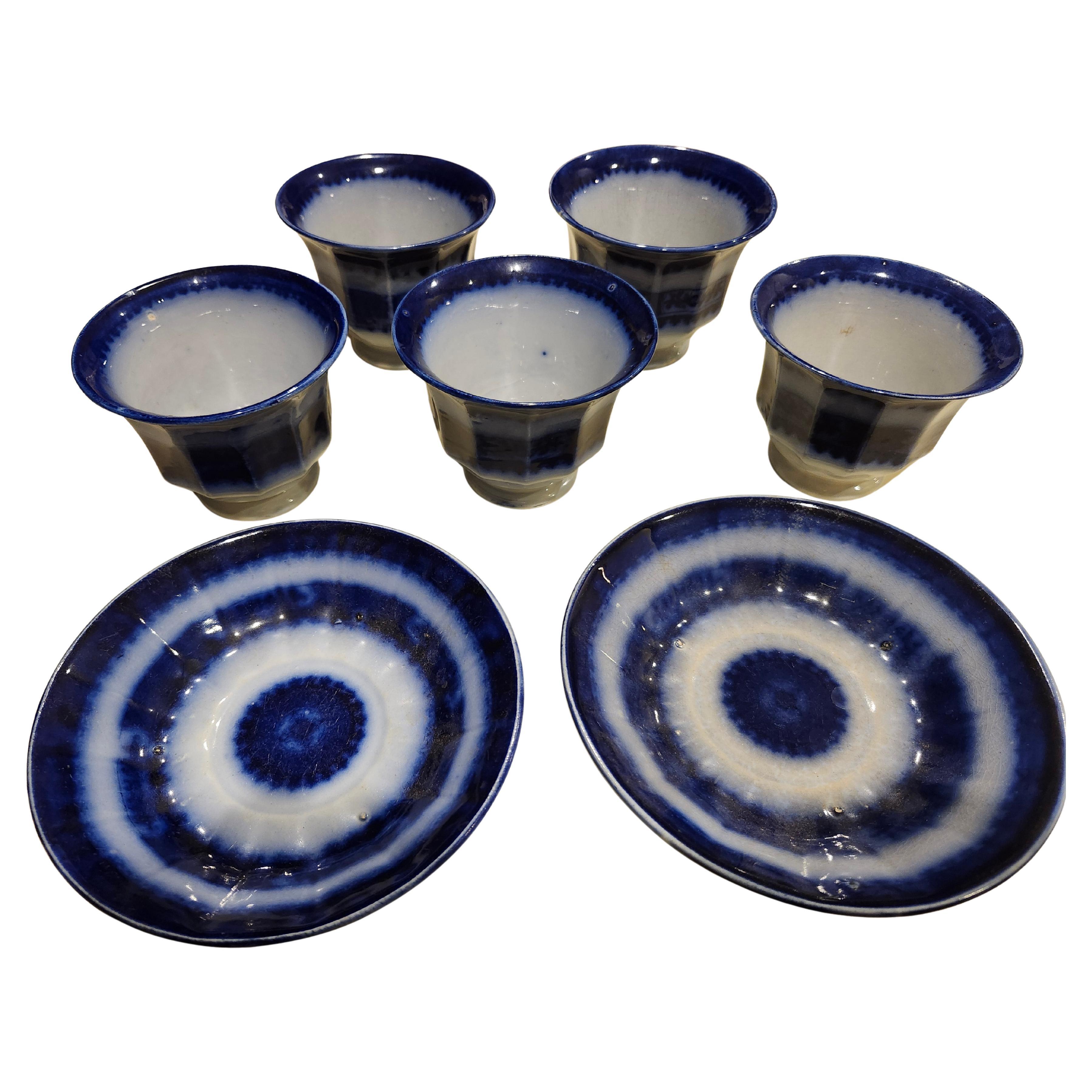 Early 19th Century Flow Blue Ironstone Handleless Tea Cups 5 with Saucers 2