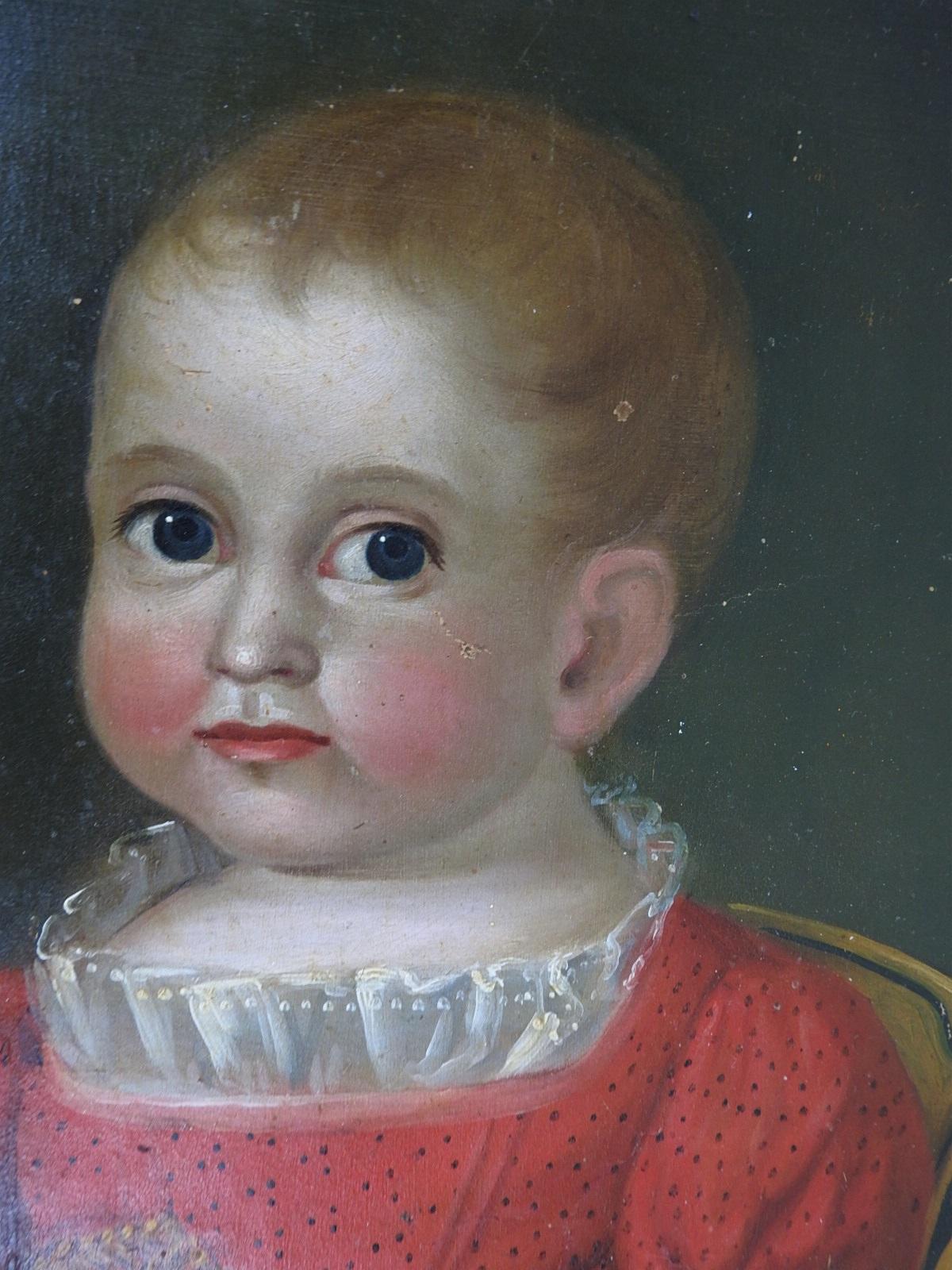 Peinture d'art populaire du début du 19e siècle représentant un portrait d'enfant en vente 3