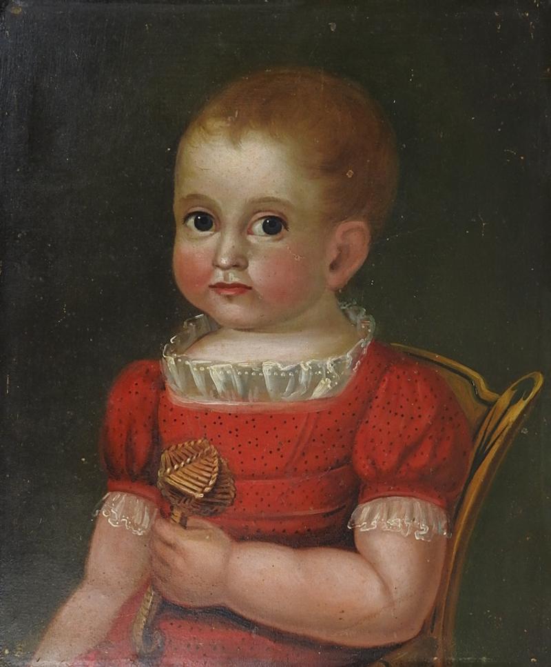 Unknown Early 19th Century Folk Art Child Portrait Painting For Sale