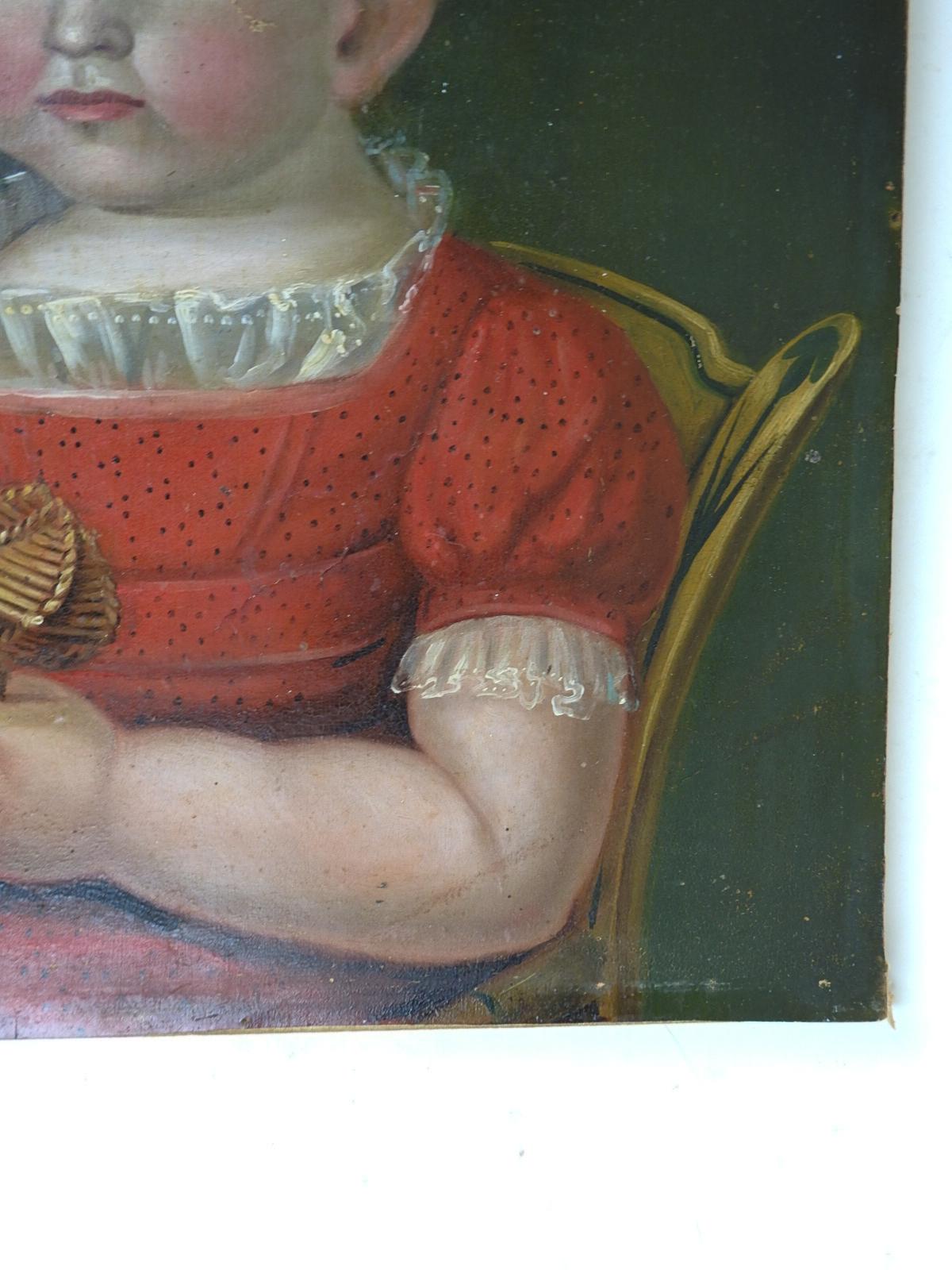Early 19th Century Folk Art Child Portrait Painting In Fair Condition For Sale In Seguin, TX