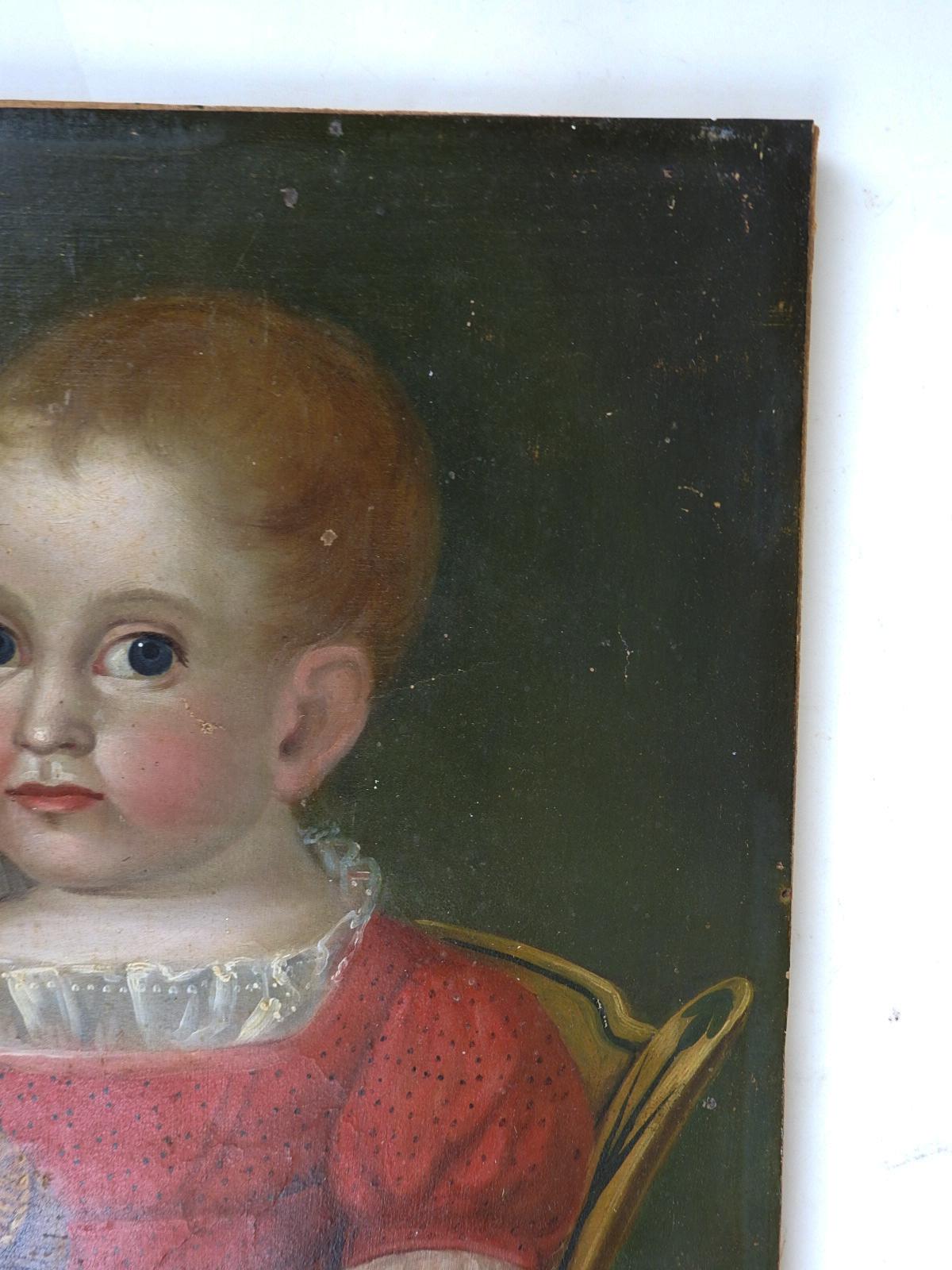 Fabric Early 19th Century Folk Art Child Portrait Painting For Sale
