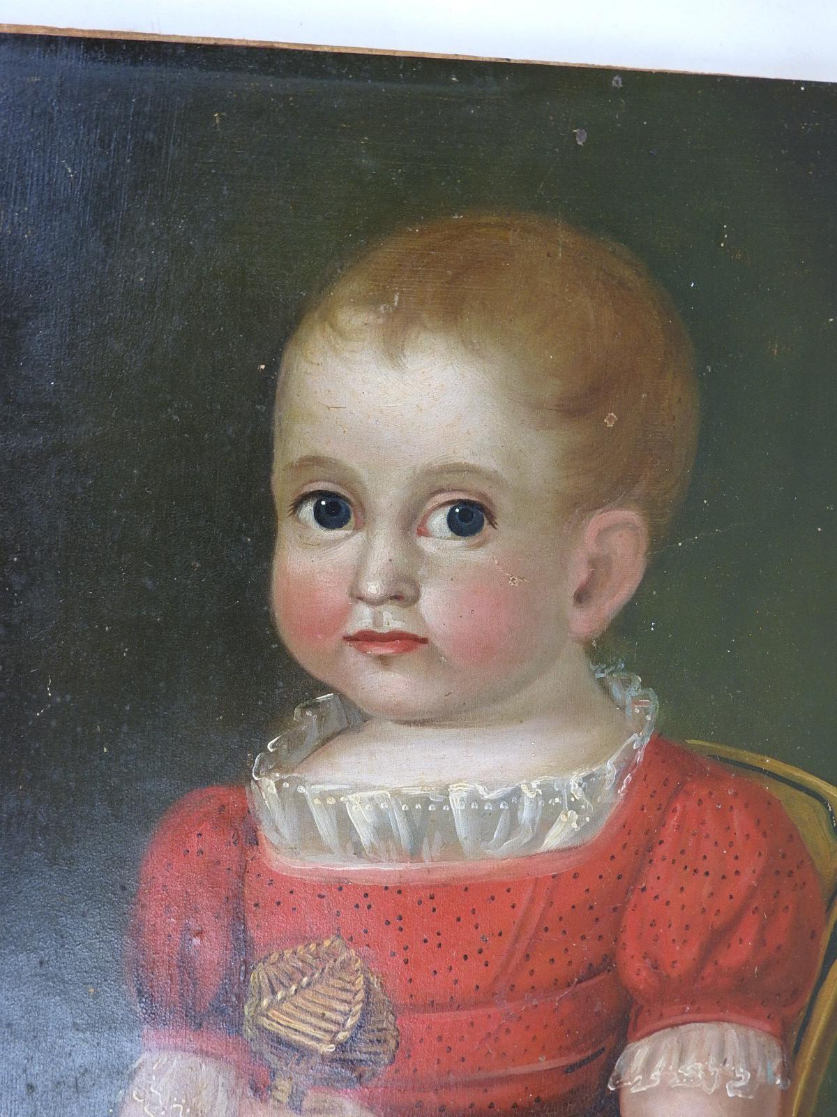Peinture d'art populaire du début du 19e siècle représentant un portrait d'enfant en vente 1
