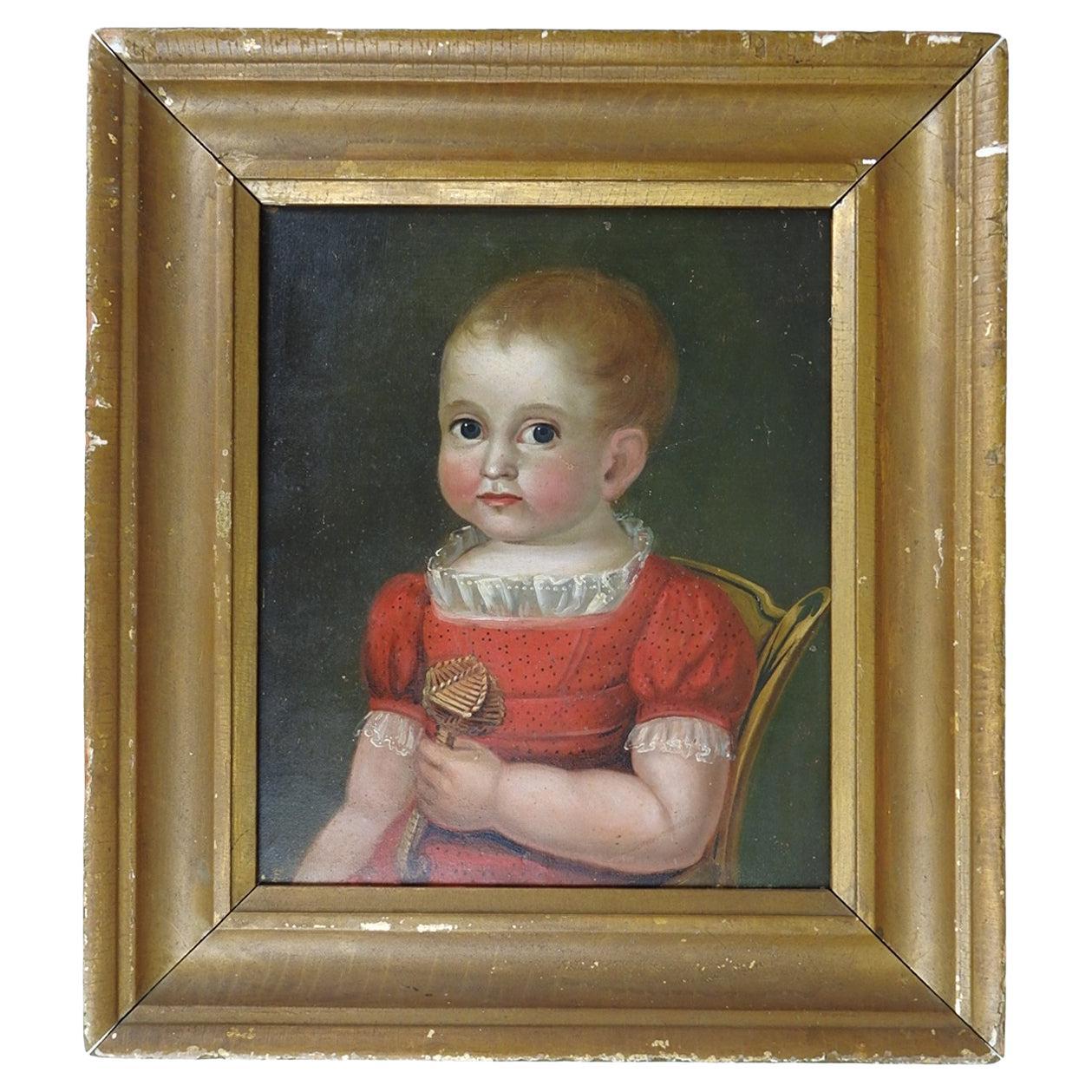 Peinture d'art populaire du début du 19e siècle représentant un portrait d'enfant