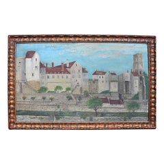 Early 19th Century Folk Art Houses on the Hill Painting on Board