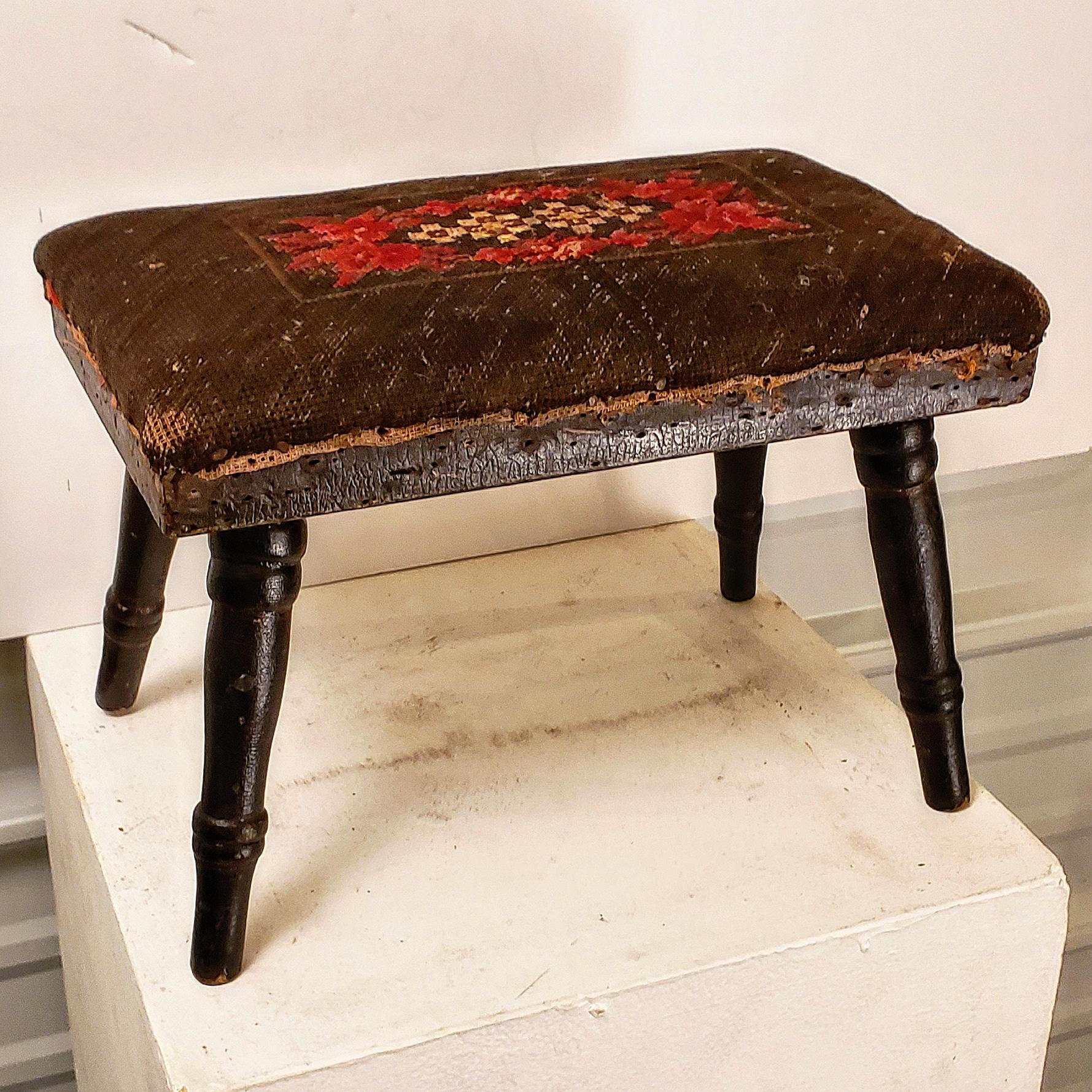 American Sheraton foot stool. Likely NY circa 1930's. Retaining original finish and needlepoint upholstery.