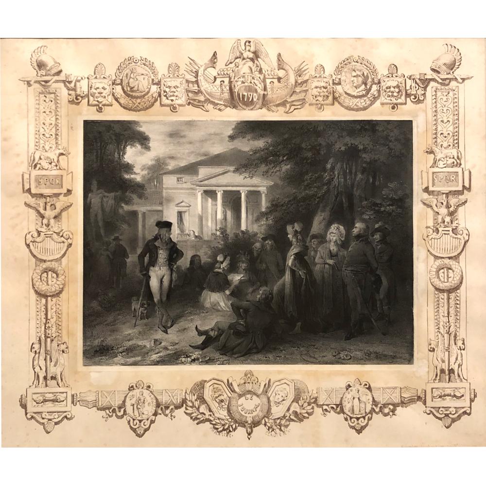 Cette lithographie encadrée du début du XIXe siècle de Jean Baptiste Madou (1796-1877) est une œuvre remarquable qui dépeint la vie d'un aristocrate du XVIIIe siècle en France. Une réunion de dames et de messieurs dans les jardins, juste à